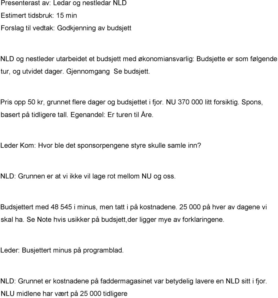 Leder Kom: Hvor ble det sponsorpengene styre skulle samle inn? NLD: Grunnen er at vi ikke vil lage rot mellom NU og oss. Budsjettert med 48 545 i minus, men tatt i på kostnadene.