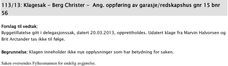 delegasjonssak, datert 20.03.2013, opprettholdes.