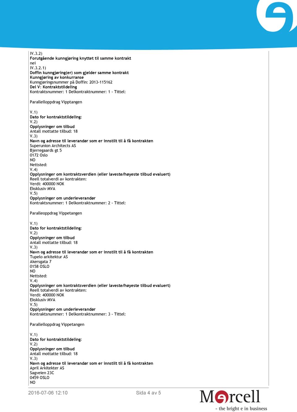 1) Doffin kunngjøring(er) som gjelder samme kontrakt Kunngjøring av konkurranse Kunngjøringsnummer på Doffin: 2013-115162 Del V: Kontraktstildeling