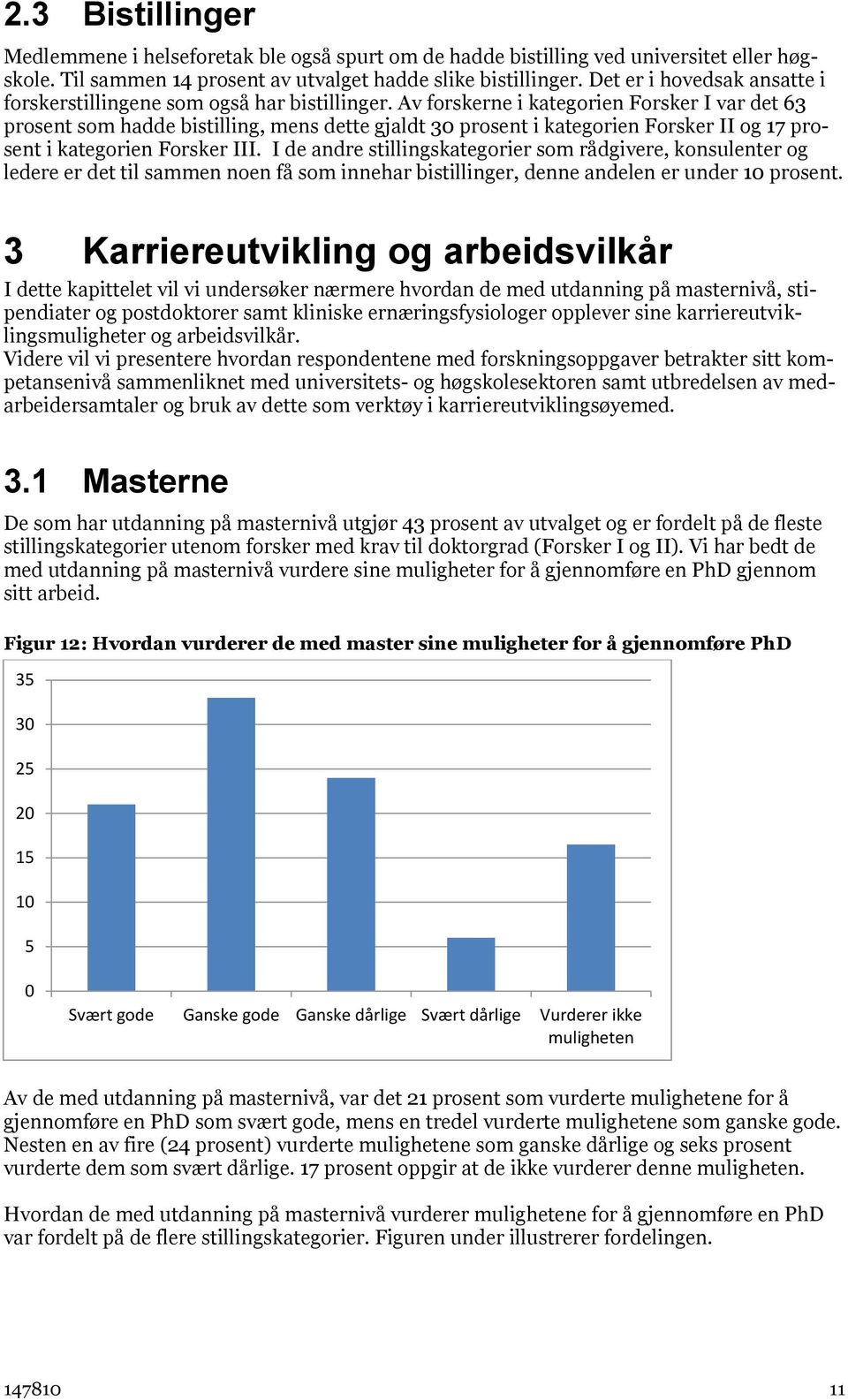 Av forskerne i kategorien Forsker I var det 63 prosent som hadde bistilling, mens dette gjaldt 3 prosent i kategorien Forsker II og 17 prosent i kategorien Forsker III.