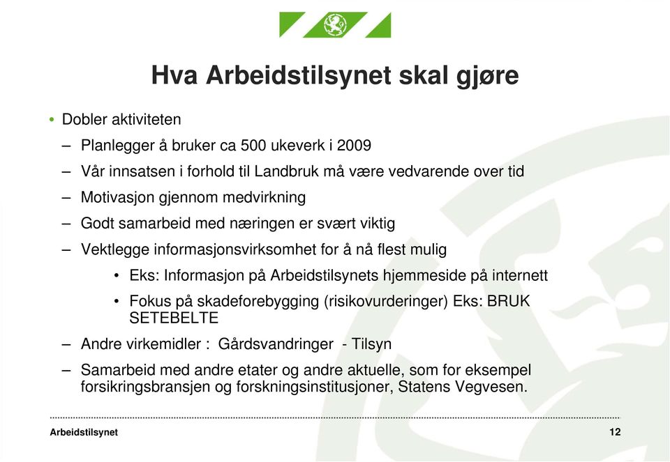 Informasjon på s hjemmeside på internett Fokus på skadeforebygging (risikovurderinger) Eks: BRUK SETEBELTE Andre virkemidler :