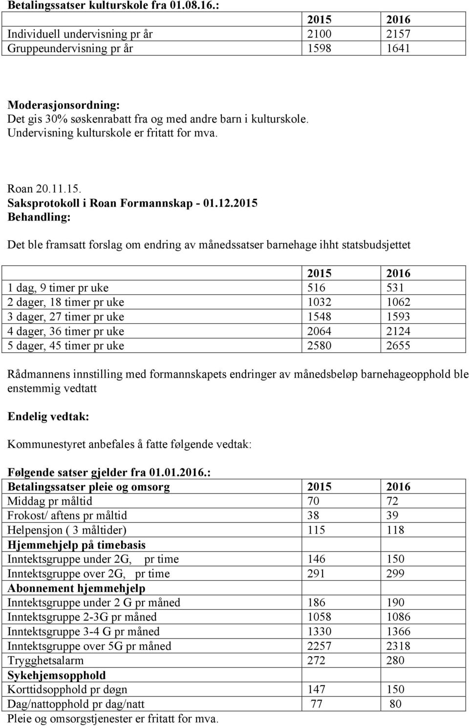 2015 Behandling: Det ble framsatt forslag om endring av månedssatser barnehage ihht statsbudsjettet 1 dag, 9 timer pr uke 516 531 2 dager, 18 timer pr uke 1032 1062 3 dager, 27 timer pr uke 1548 1593