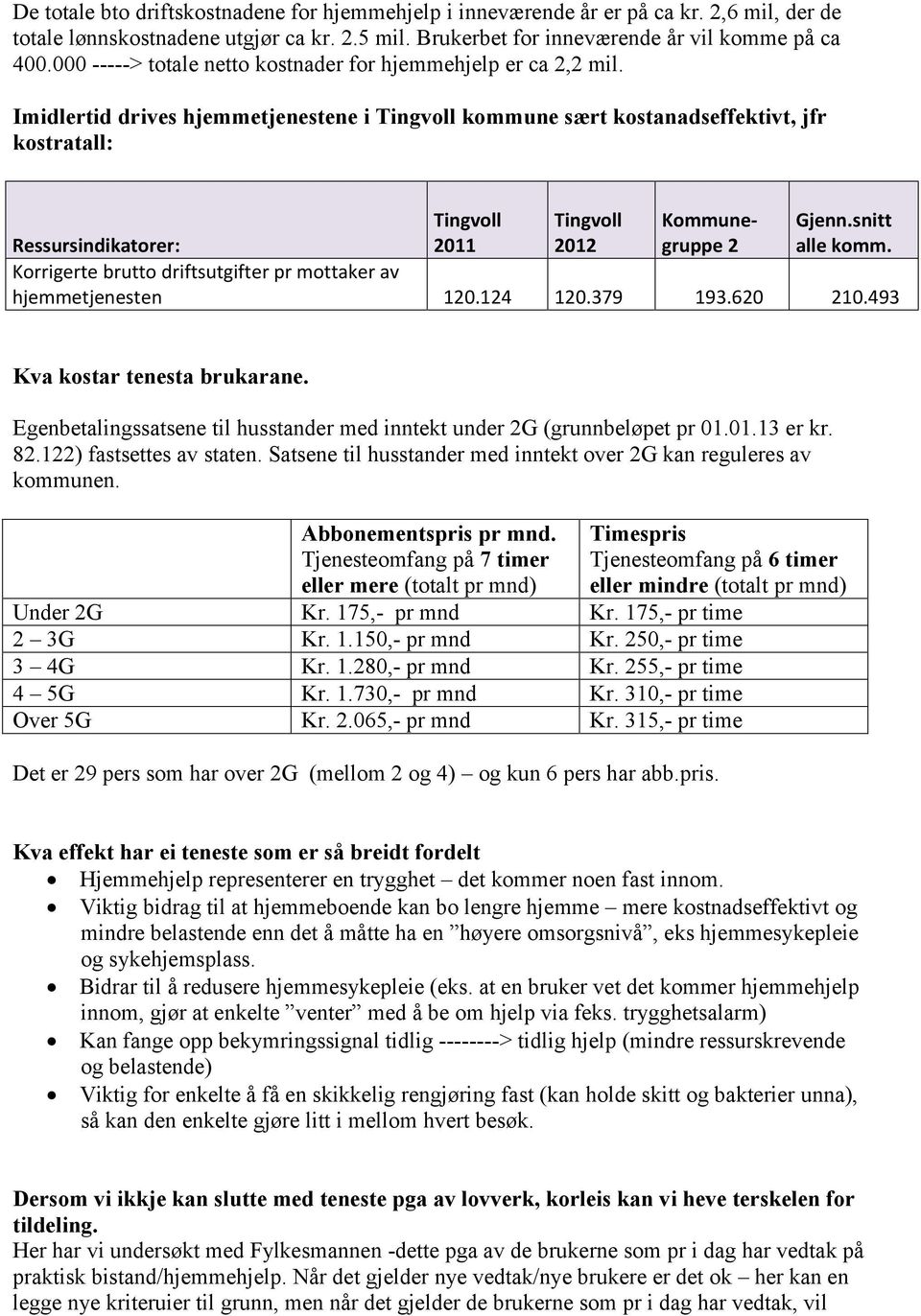 Imidlertid drives hjemmetjenestene i Tingvoll kommune sært kostanadseffektivt, jfr kostratall: Tingvoll 2011 Tingvoll 2012 Kommunegruppe 2 Gjenn.snitt alle komm.