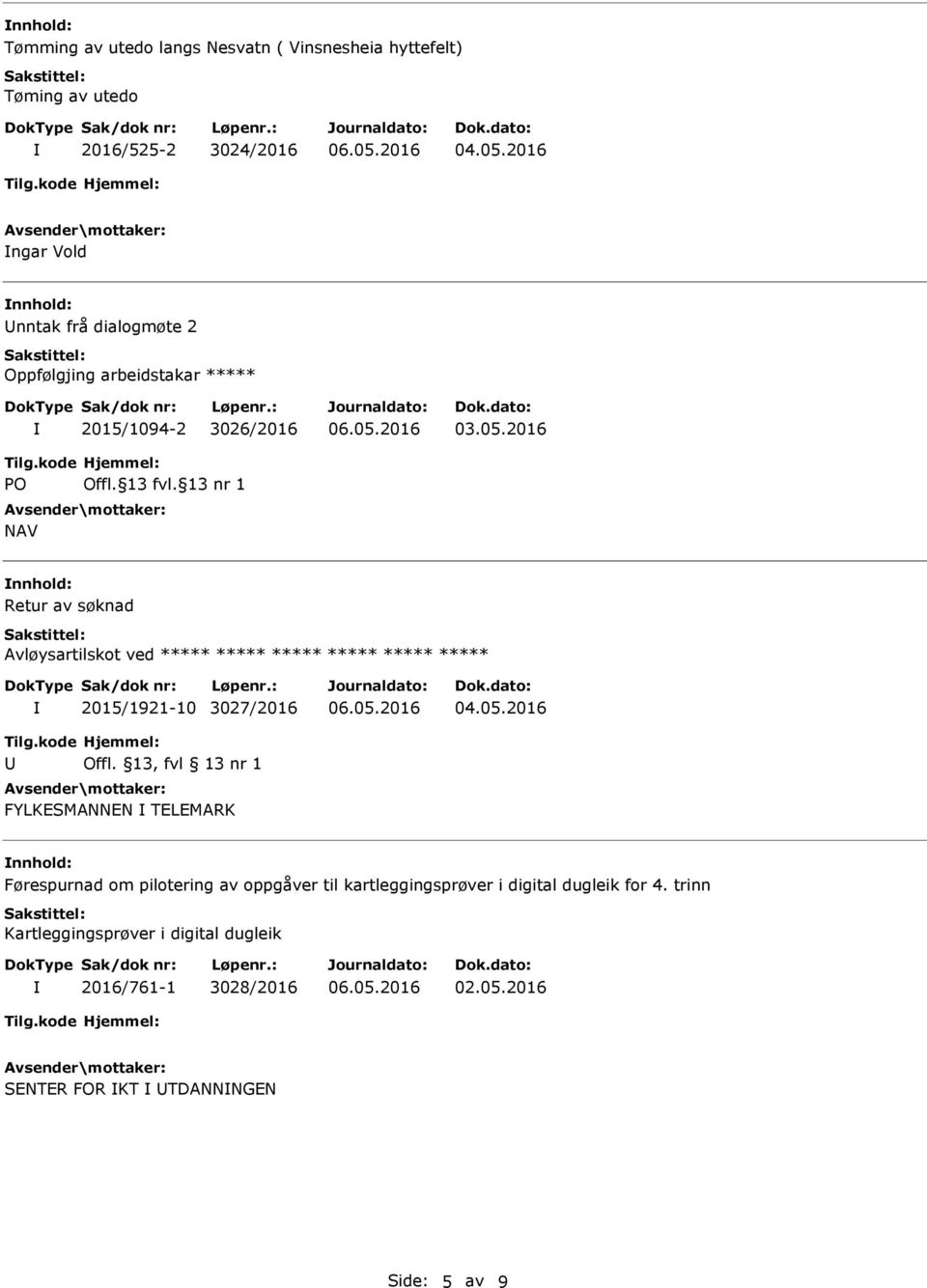 13 nr 1 NAV Retur av søknad Avløysartilskot ved 2015/1921-10 3027/2016 04.05.2016 Offl.