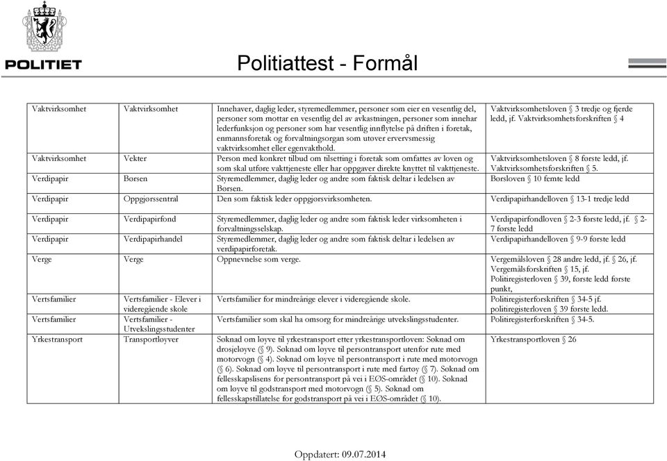 Vaktvirksomhet Vekter Person med konkret tilbud om tilsetting i foretak som omfattes av loven og som skal utføre vakttjeneste eller har oppgaver direkte knyttet til vakttjeneste.