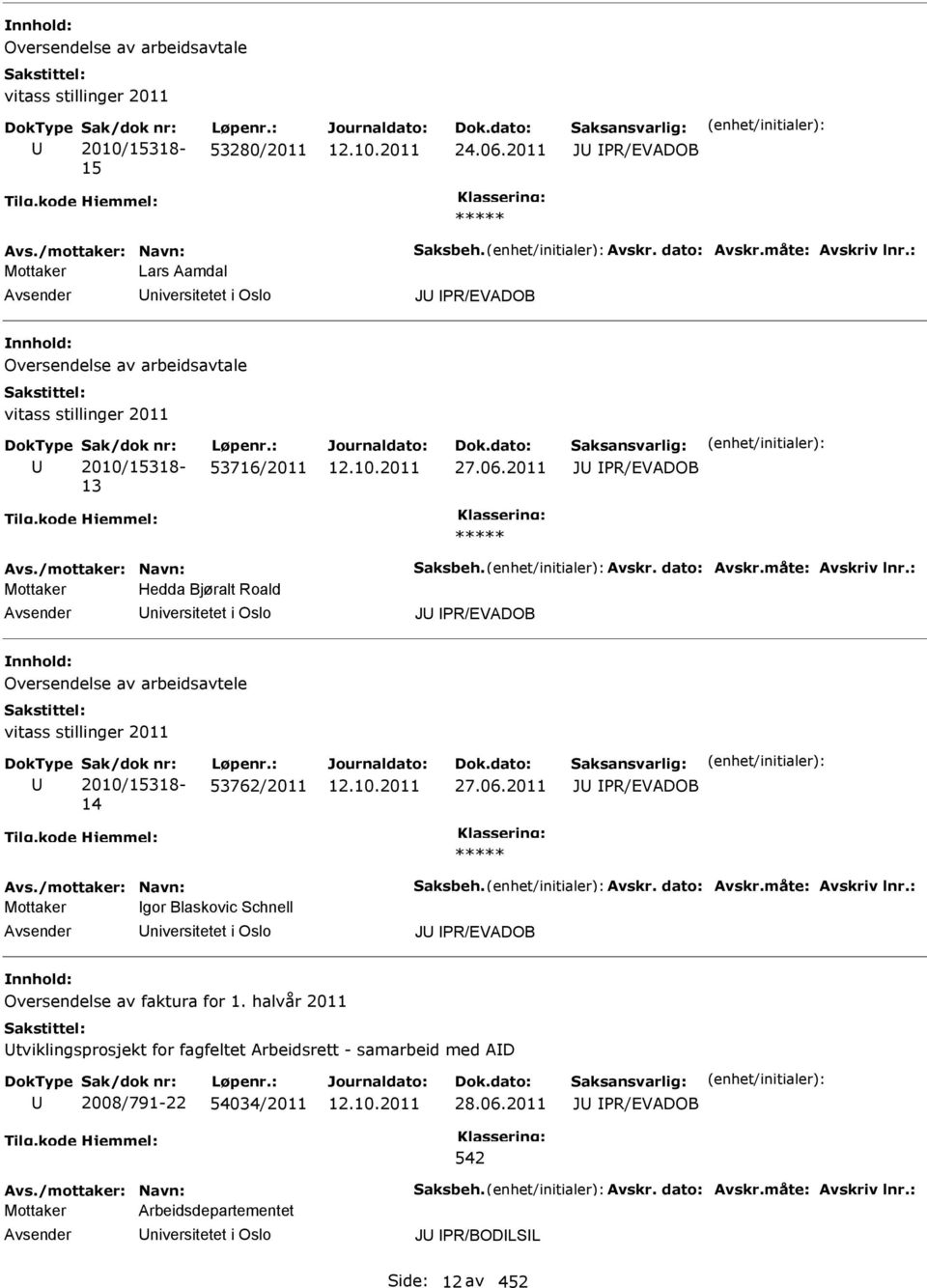 dato: Avskr.måte: Avskriv lnr.: Mottaker Hedda Bjøralt Roald niversitetet i Oslo J PR/EVADOB Oversendelse av arbeidsavtele vitass stillinger 2011 2010/15318-14 53762/2011 27.06.