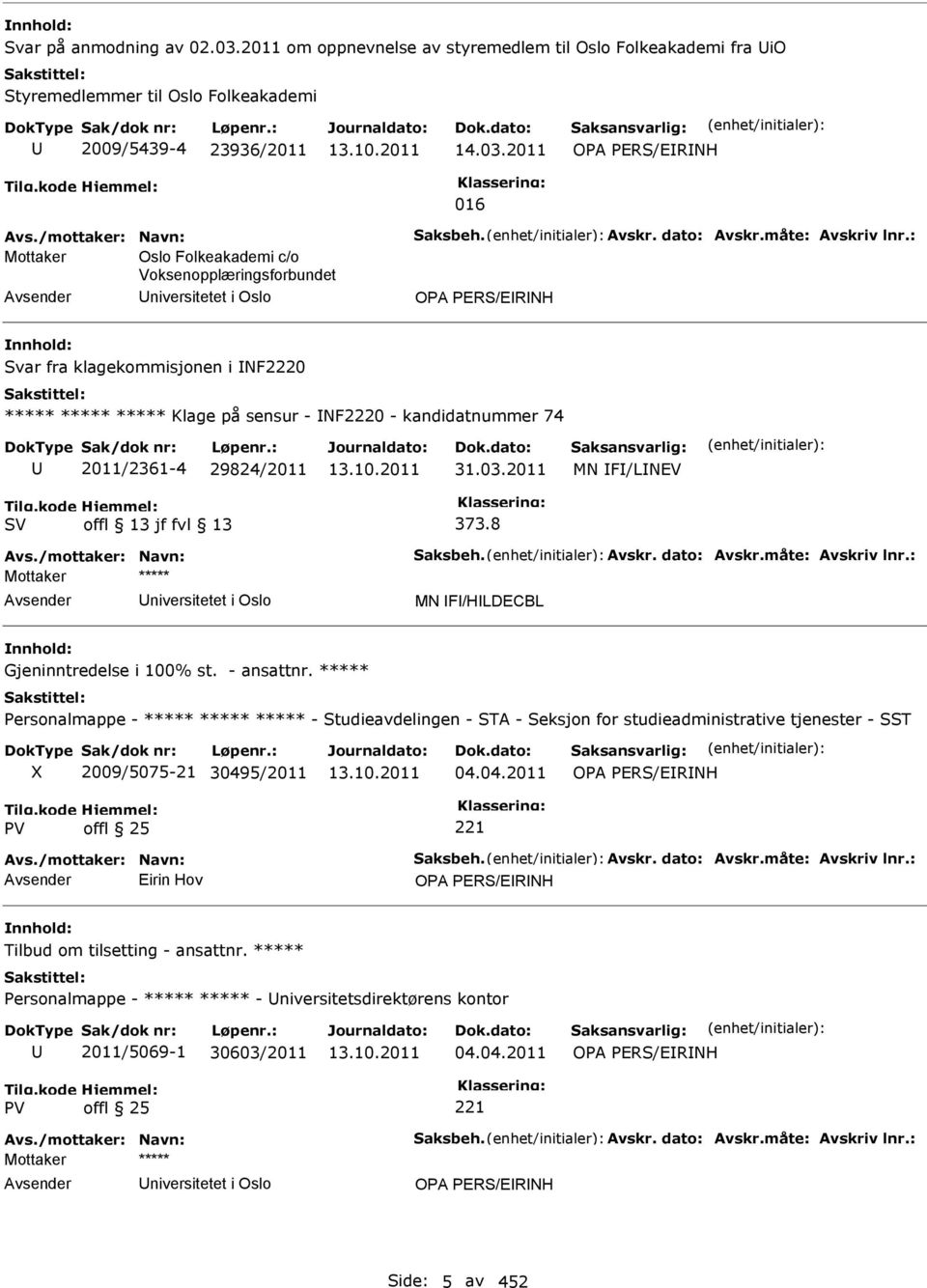 : Mottaker Oslo Folkeakademi c/o Voksenopplæringsforbundet niversitetet i Oslo OPA PERS/ERNH Svar fra klagekommisjonen i NF2220 ***** ***** ***** Klage på sensur - NF2220 - kandidatnummer 74