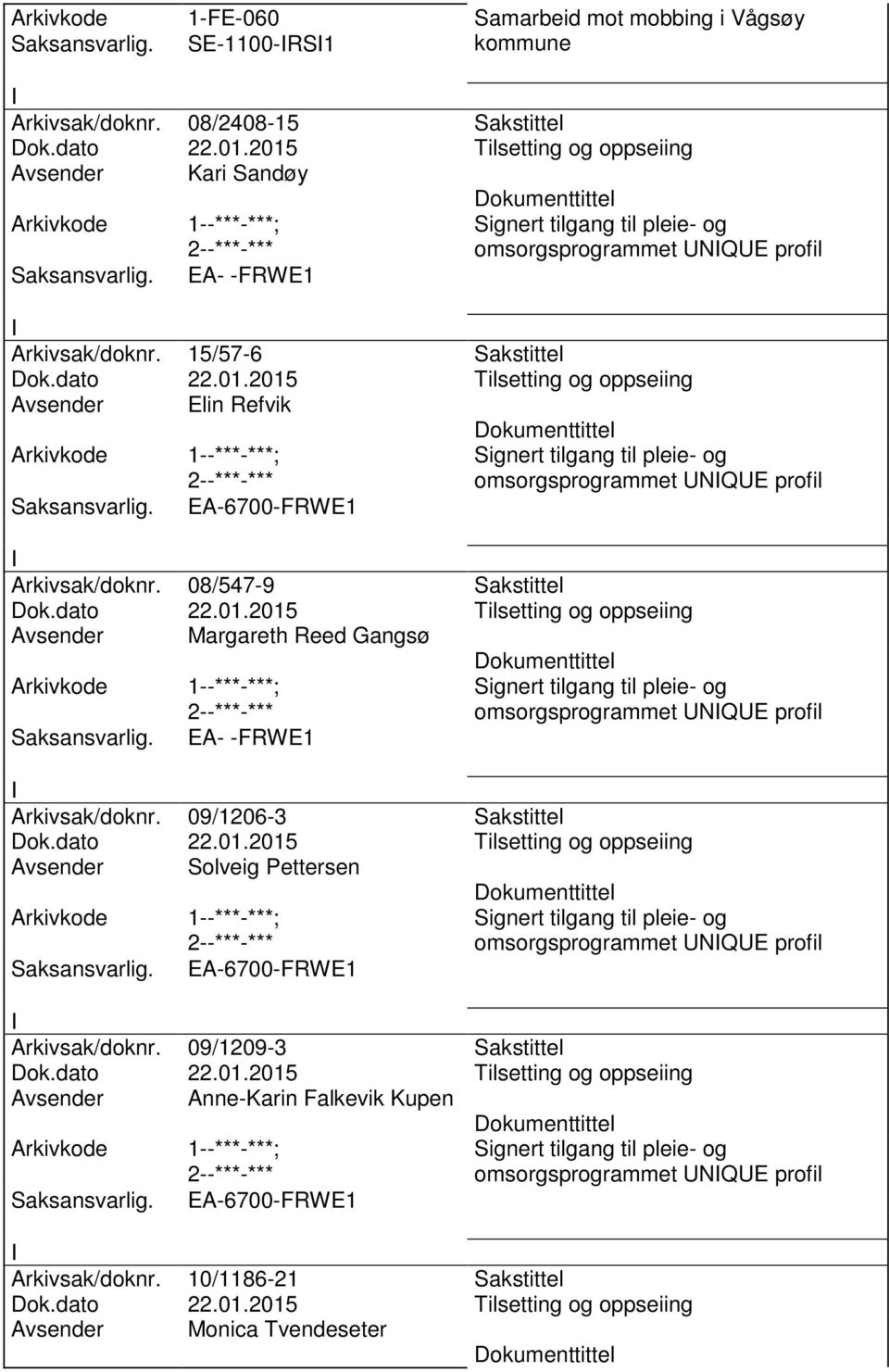 15/57-6 Sakstittel Avsender Elin Refvik EA-6700-FRWE1 omsorgsprogrammet NQE profil Arkivsak/doknr.