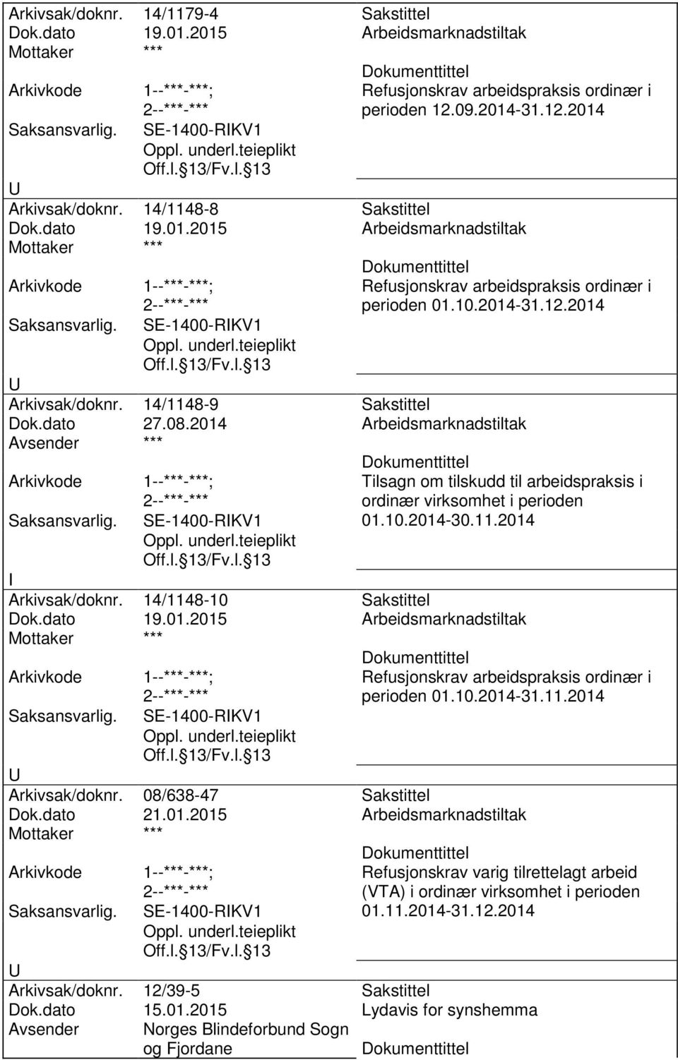 2014 Arbeidsmarknadstiltak SE-1400-RKV1 Tilsagn om tilskudd til arbeidspraksis i ordinær virksomhet i perioden 01.10.2014-30.11.2014 Arkivsak/doknr. 14/1148-10 Sakstittel Dok.dato 19.01.2015 Arbeidsmarknadstiltak SE-1400-RKV1 Refusjonskrav arbeidspraksis ordinær i perioden 01.