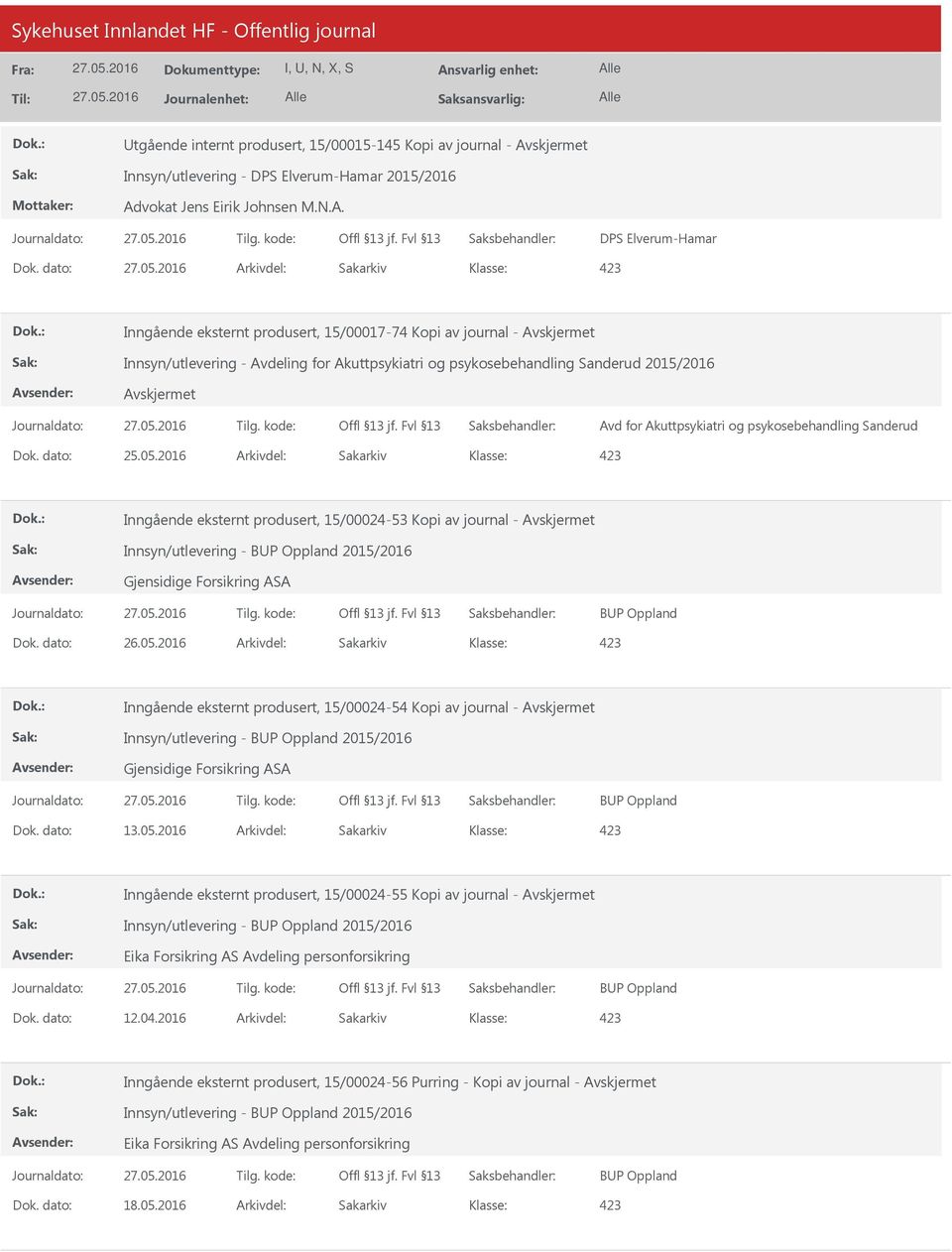 psykosebehandling Sanderud Inngående eksternt produsert, 15/00024-53 Kopi av journal - Innsyn/utlevering - BP Oppland 2015/2016 Gjensidige Forsikring ASA BP Oppland Inngående eksternt produsert,