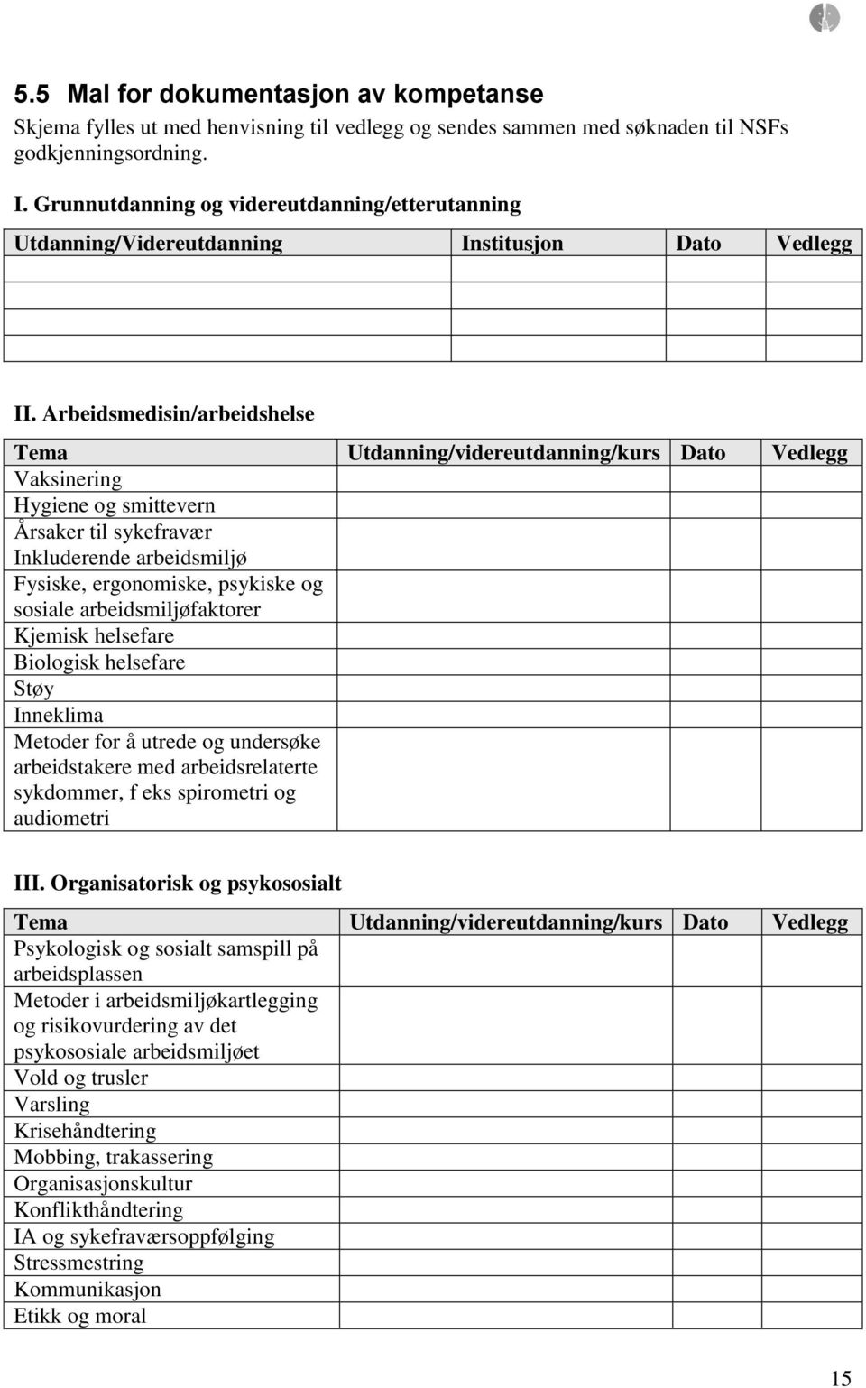 Arbeidsmedisin/arbeidshelse Tema Utdanning/videreutdanning/kurs Dato Vedlegg Vaksinering Hygiene og smittevern Årsaker til sykefravær Inkluderende arbeidsmiljø Fysiske, ergonomiske, psykiske og