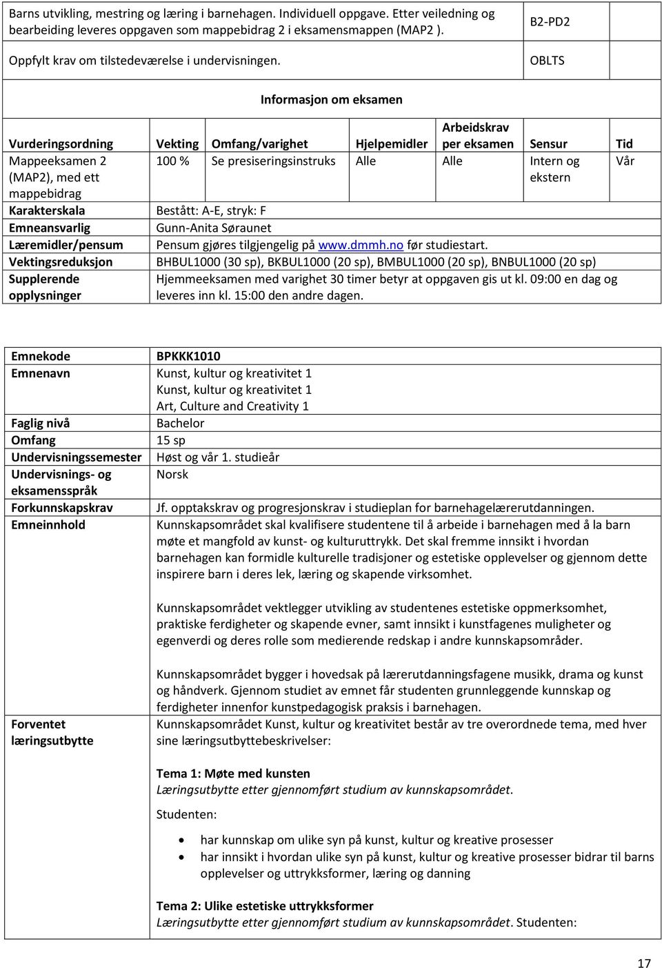 B2-PD2 OBLTS Informasjon om eksamen Vurderingsordning Vekting Omfang/varighet Hjelpemidler Arbeidskrav per eksamen Sensur Tid Mappeeksamen 2 100 % Se presiseringsinstruks Alle Alle Intern og Vår