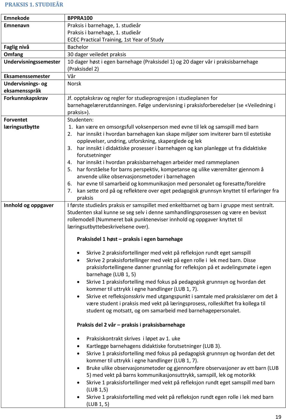 barnehage, 1. studieår Praksis i barnehage, 1.