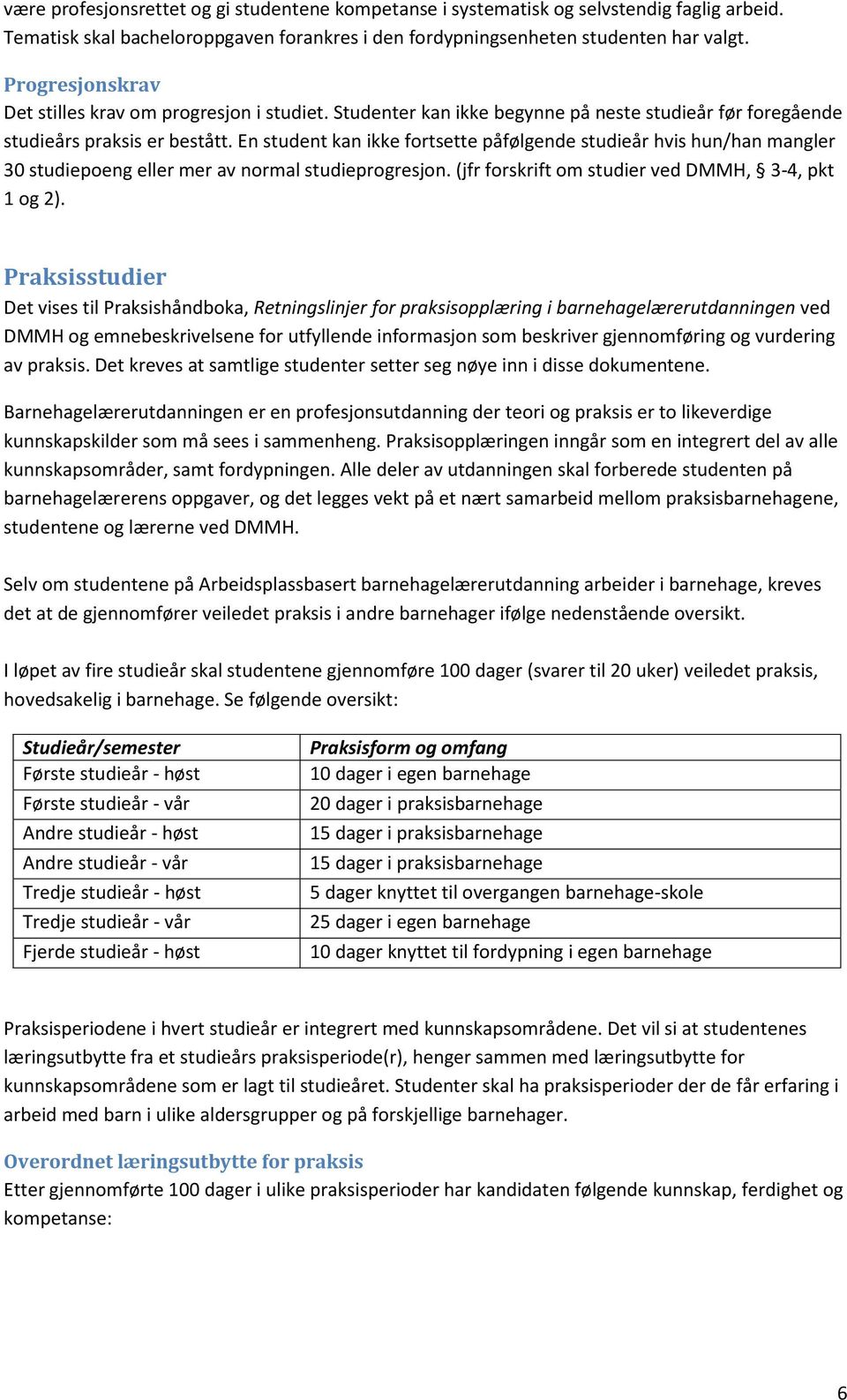 En student kan ikke fortsette påfølgende studieår hvis hun/han mangler 30 studiepoeng eller mer av normal studieprogresjon. (jfr forskrift om studier ved DMMH, 3-4, pkt 1 og 2).