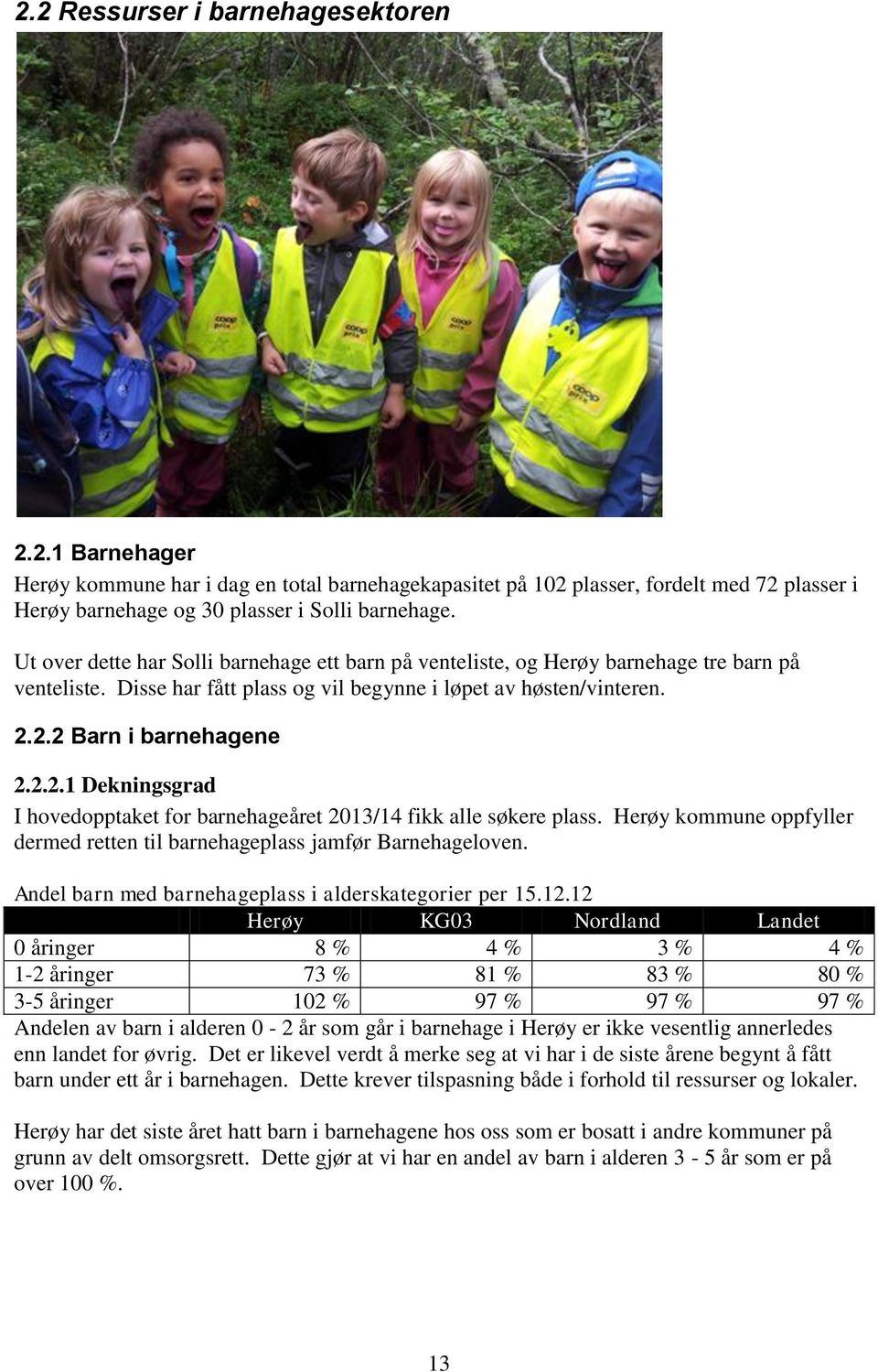 2.2 Barn i barnehagene 2.2.2.1 Dekningsgrad I hovedopptaket for barnehageåret 2013/14 fikk alle søkere plass. Herøy kommune oppfyller dermed retten til barnehageplass jamfør Barnehageloven.