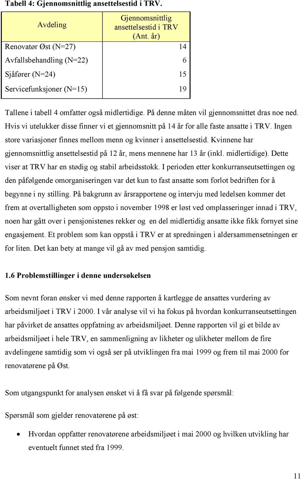 Hvis vi utelukker disse finner vi et gjennomsnitt på 14 år for alle faste ansatte i TRV. Ingen store variasjoner finnes mellom menn og kvinner i ansettelsestid.