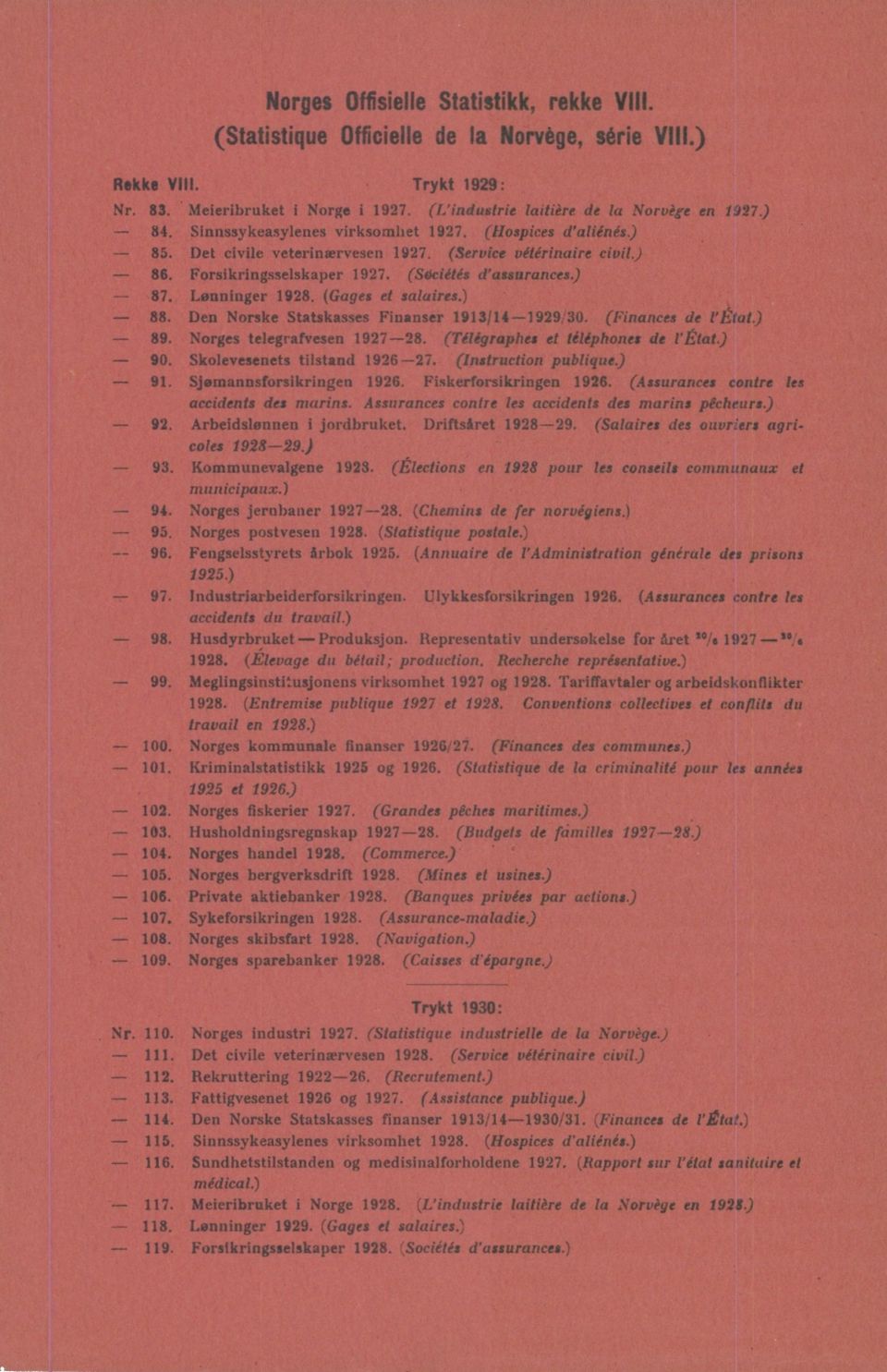 Forsikringsselskaper 1927. (SOciétés d'assurances.) 87. Lønninger 1928. (Gages et salaires.) 88. Den Norske Statskasses Finanser 1913/14-1929/30. (Finances de l'état) 89. Norges telegrafvesen 1927-28.