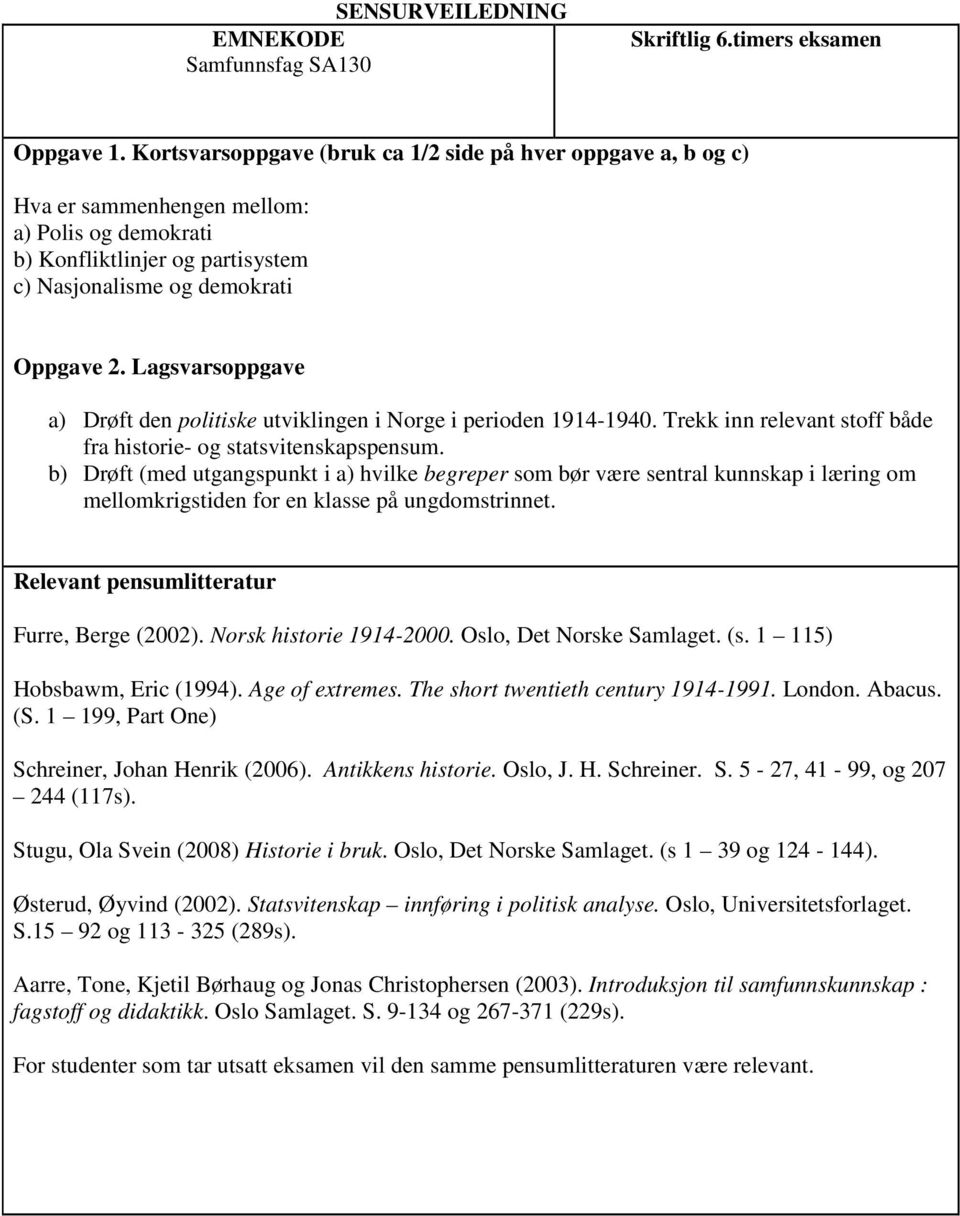 Lagsvarsoppgave a) Drøft den politiske utviklingen i Norge i perioden 1914-1940. Trekk inn relevant stoff både fra historie- og statsvitenskapspensum.