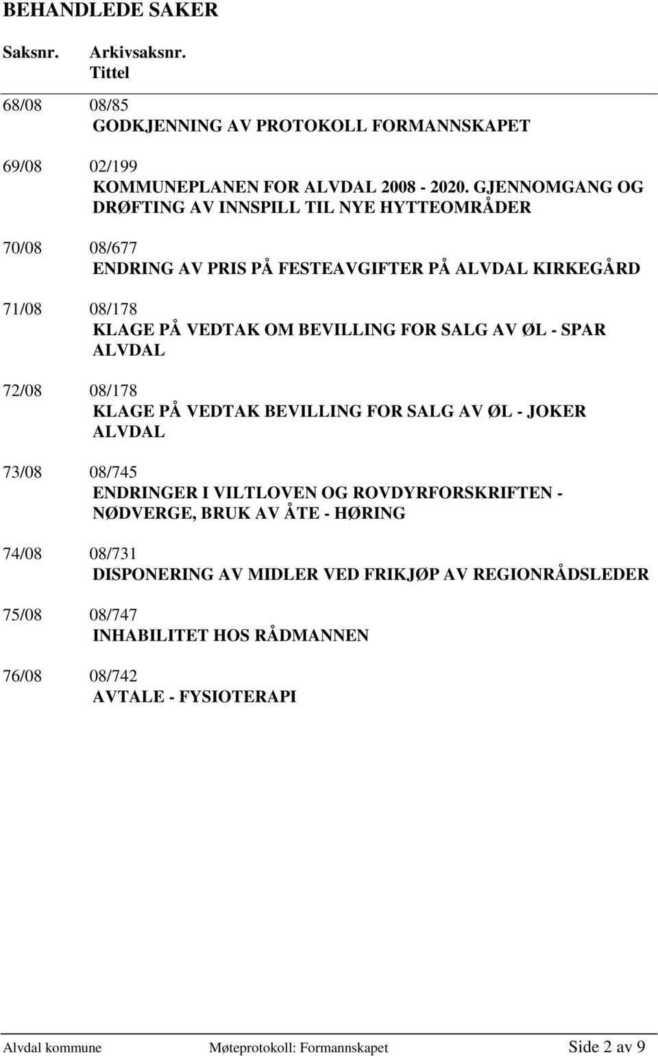 SALG AV ØL - SPAR ALVDAL 72/08 08/178 KLAGE PÅ VEDTAK BEVILLING FOR SALG AV ØL - JOKER ALVDAL 73/08 08/745 ENDRINGER I VILTLOVEN OG ROVDYRFORSKRIFTEN - NØDVERGE, BRUK AV