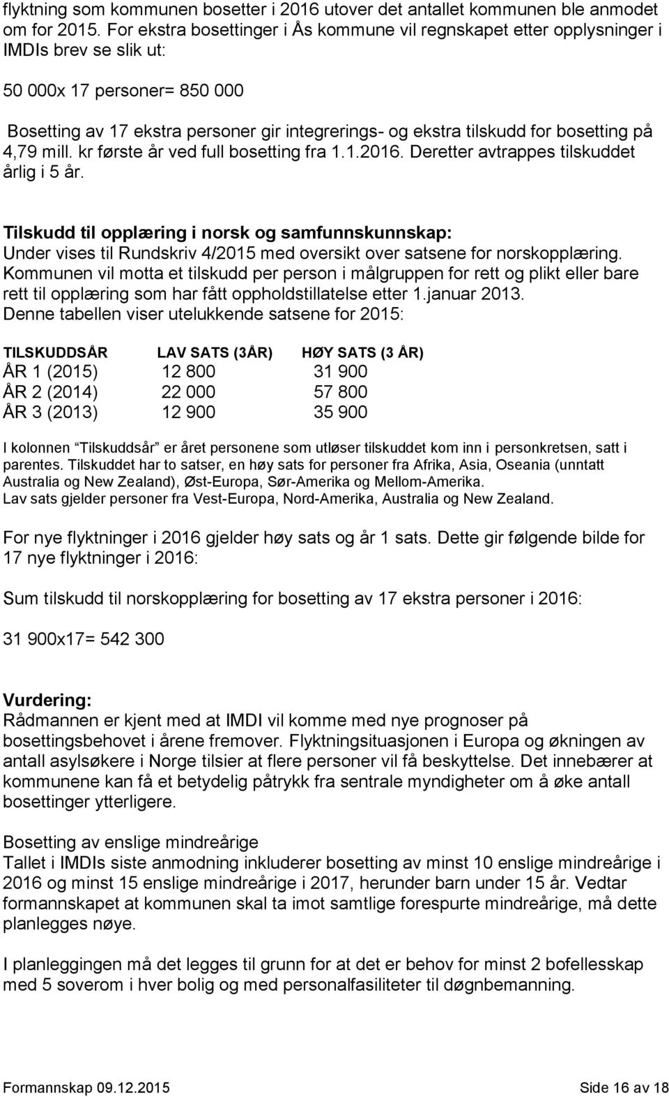 bosetting på 4,79 mill. kr første år ved full bosetting fra 1.1.2016. Deretter avtrappes tilskuddet årlig i 5 år.