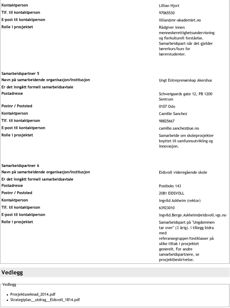 Samarbeidspartner 5 Ungt Entreprenørskap Akershus Postadresse Schweigaards gate 12, PB 1200 Sentrum Kontaktperson 0107 Oslo Camille Sanchez Tlf. til kontaktperson 98825667 camille.sanchez@ue.