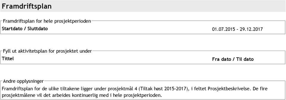 Framdriftsplan for de ulike tiltakene ligger under prosjektmål 4 (Tiltak høst 2015 2017), i