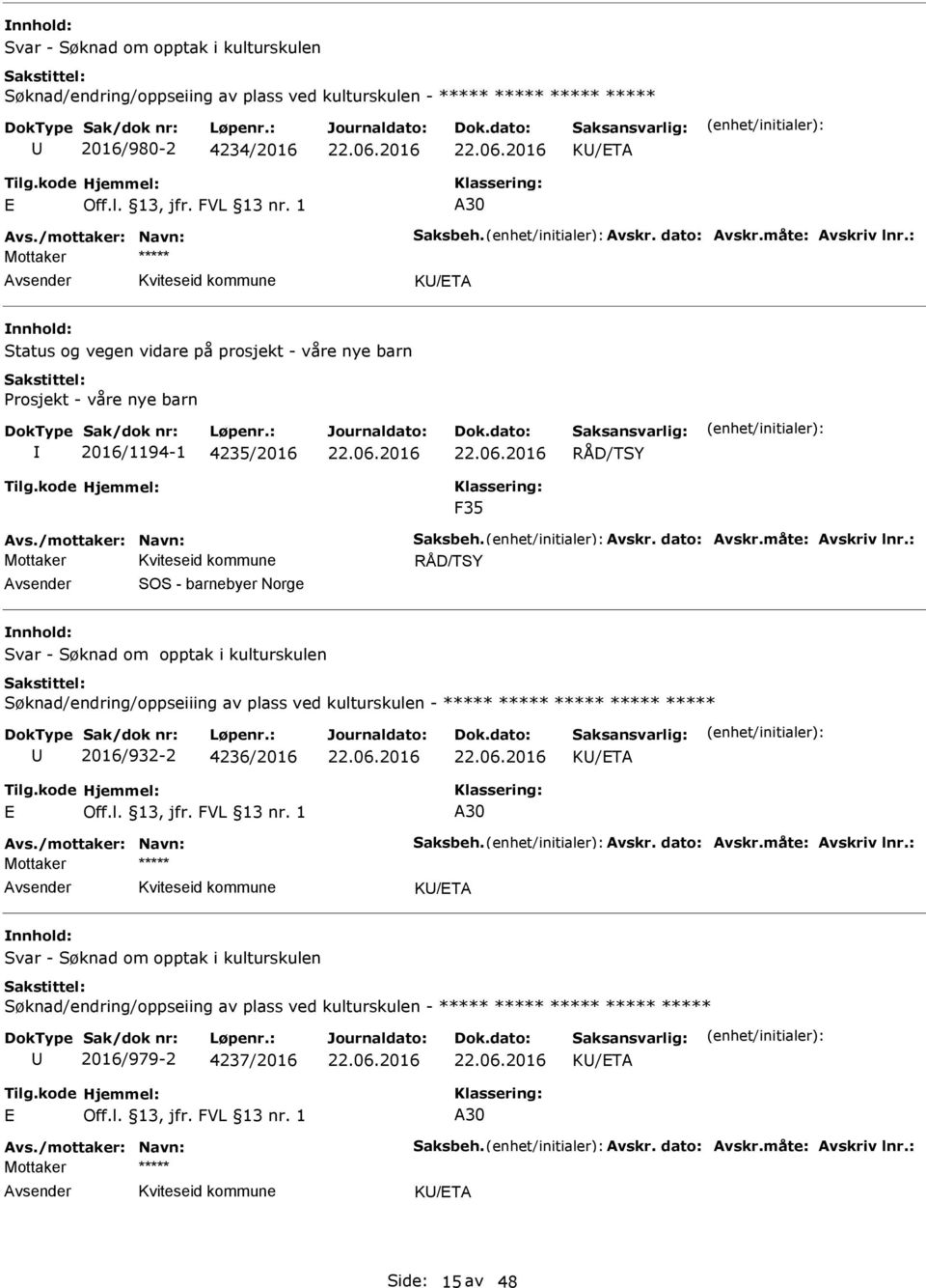 : RÅD/TSY SOS - barnebyer Norge Svar - Søknad om opptak i kulturskulen Søknad/endring/oppseiiing av plass ved kulturskulen - 2016/932-2 4236/2016 K/TA A30 Avs./mottaker: Navn: Saksbeh. Avskr.