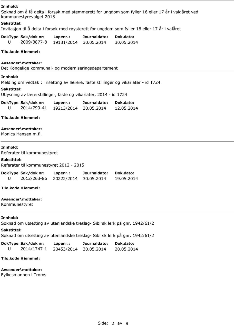 lærerstillinger, faste og vikariater, 2014 - id 1724 2014/799-41 19213/2014 12.05.2014 Monica Hansen m.fl. Referater til kommunestyret Referater til kommunestyret 2012-2015 2012/263-86 20222/2014 19.