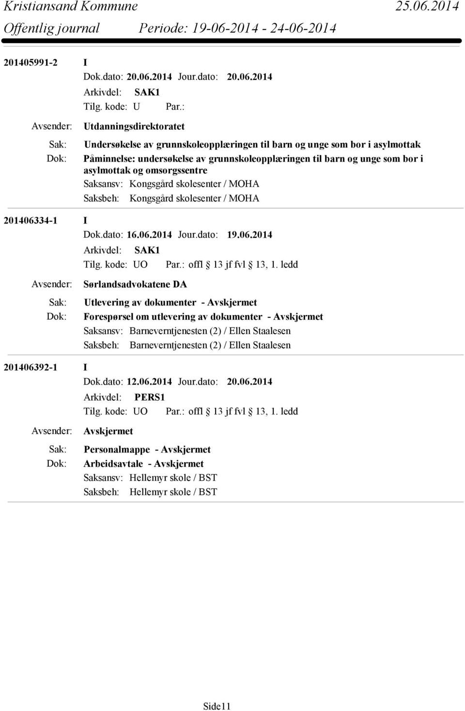 omsorgssentre Saksansv: Kongsgård skolesenter / MOHA Saksbeh: Kongsgård skolesenter / MOHA 201406334-1 I Dok.dato: 16.06.2014 Jour.dato: 19.06.2014 Tilg. kode: UO Par.: offl 13 jf fvl 13, 1.