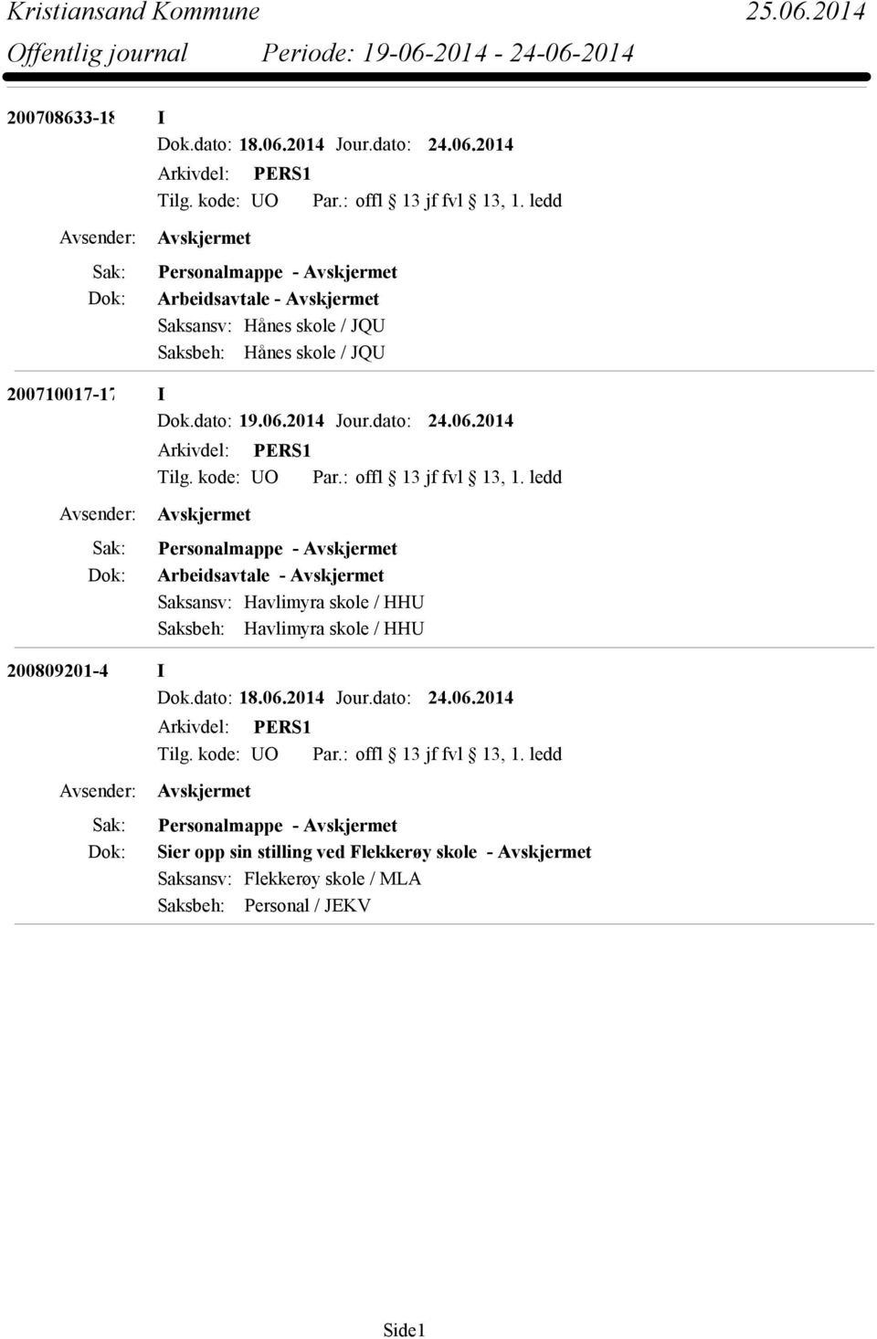 2014 Personalmappe - Arbeidsavtale - Saksansv: Hånes skole / JQU Saksbeh: Hånes skole / JQU 200710017-17 I Dok.dato: 19.