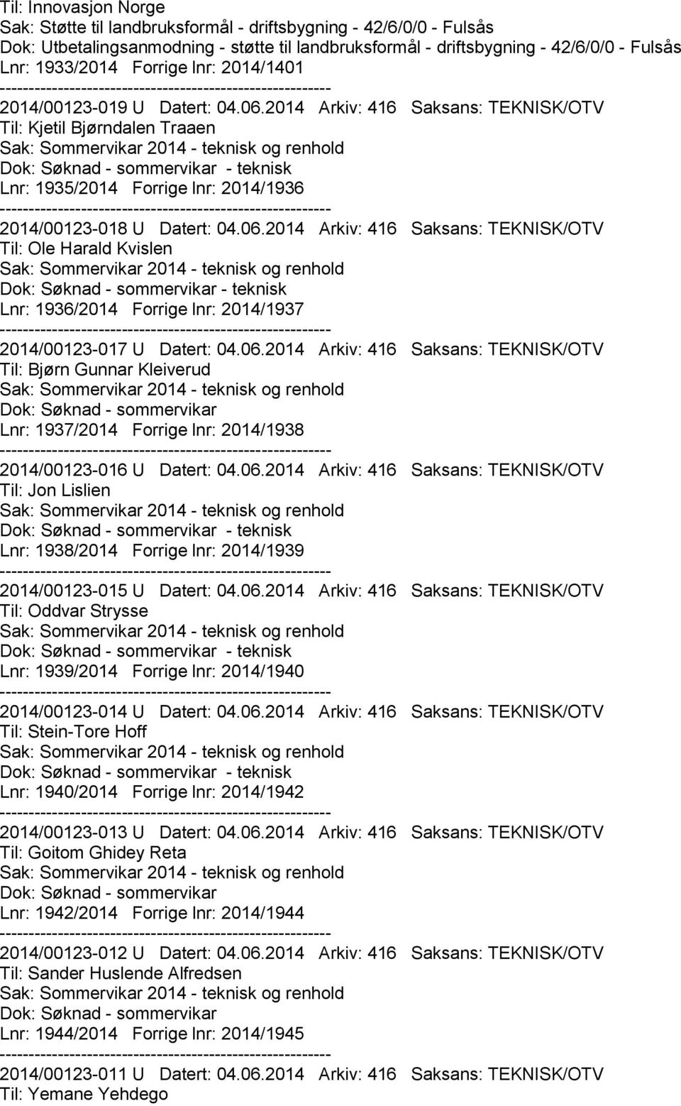 06.2014 Arkiv: 416 Saksans: TEKNISK/OTV Til: Bjørn Gunnar Kleiverud Dok: Søknad - sommervikar Lnr: 1937/2014 Forrige lnr: 2014/1938 2014/00123-016 U Datert: 04.06.2014 Arkiv: 416 Saksans: TEKNISK/OTV Til: Jon Lislien Lnr: 1938/2014 Forrige lnr: 2014/1939 2014/00123-015 U Datert: 04.