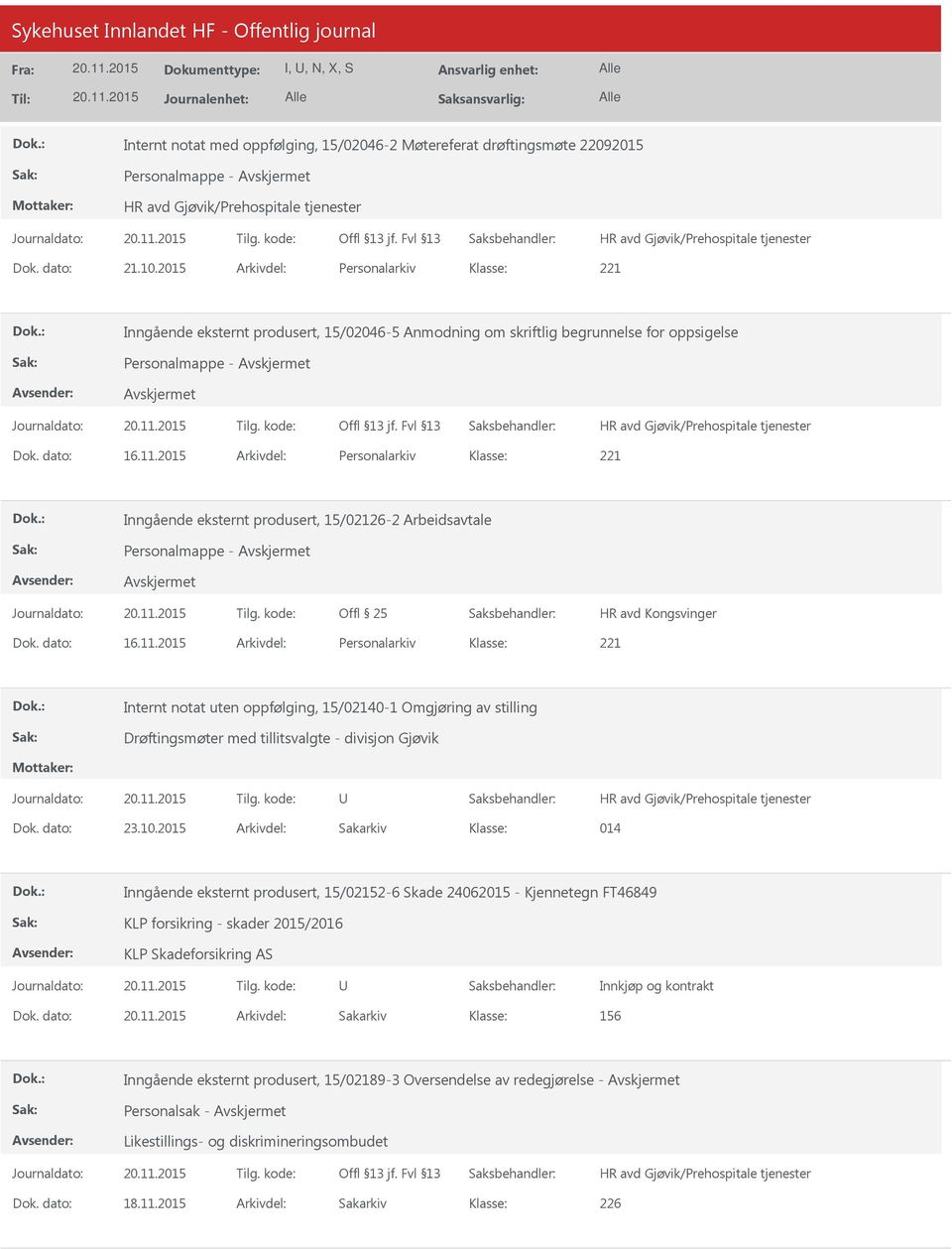 2015 Arkivdel: Personalarkiv Inngående eksternt produsert, 15/02126-2 Arbeidsavtale HR avd Kongsvinger Dok. dato: 16.11.