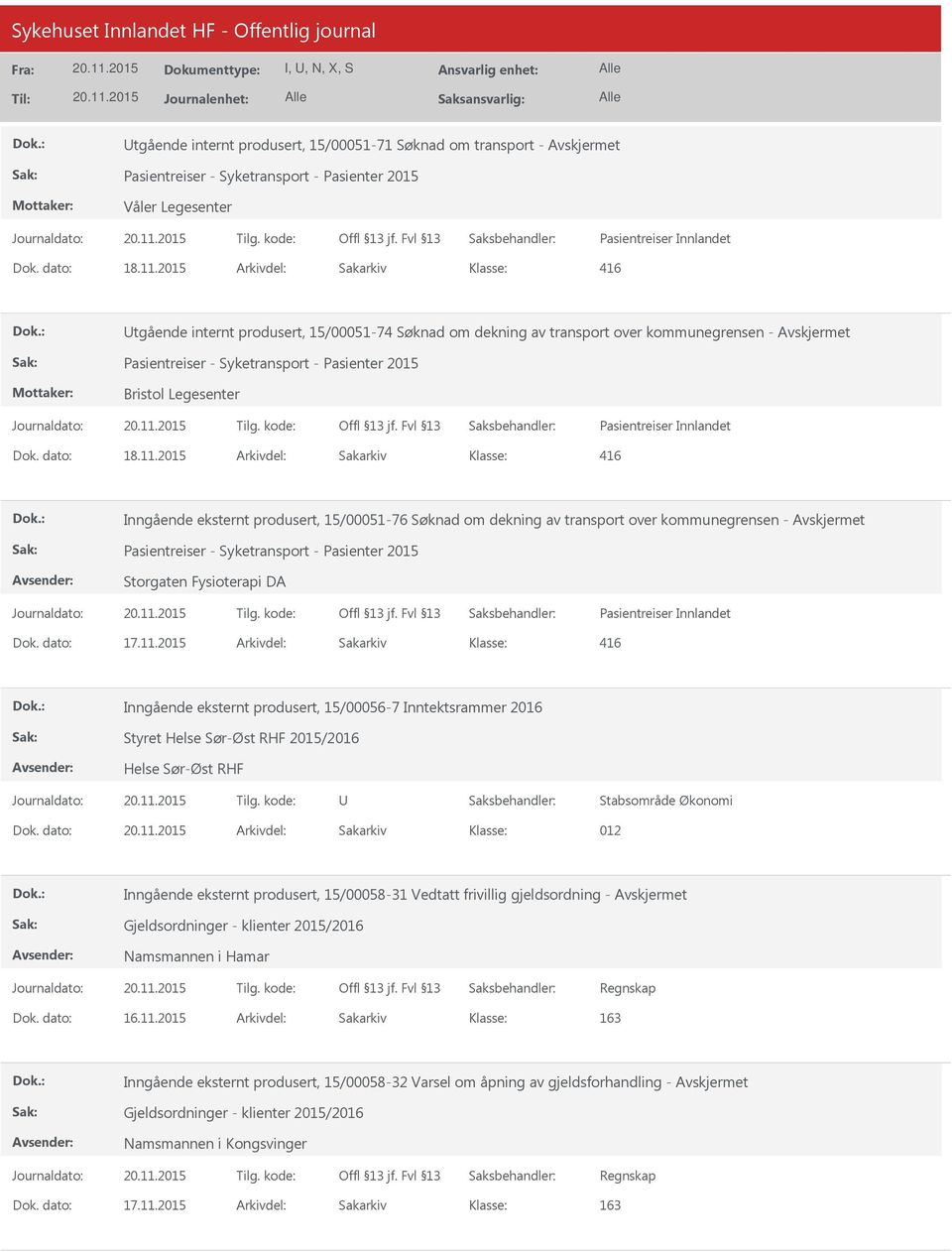 dekning av transport over kommunegrensen - Pasientreiser - Syketransport - Pasienter 2015 Storgaten Fysioterapi DA Pasientreiser Innlandet Dok. dato: 17.11.