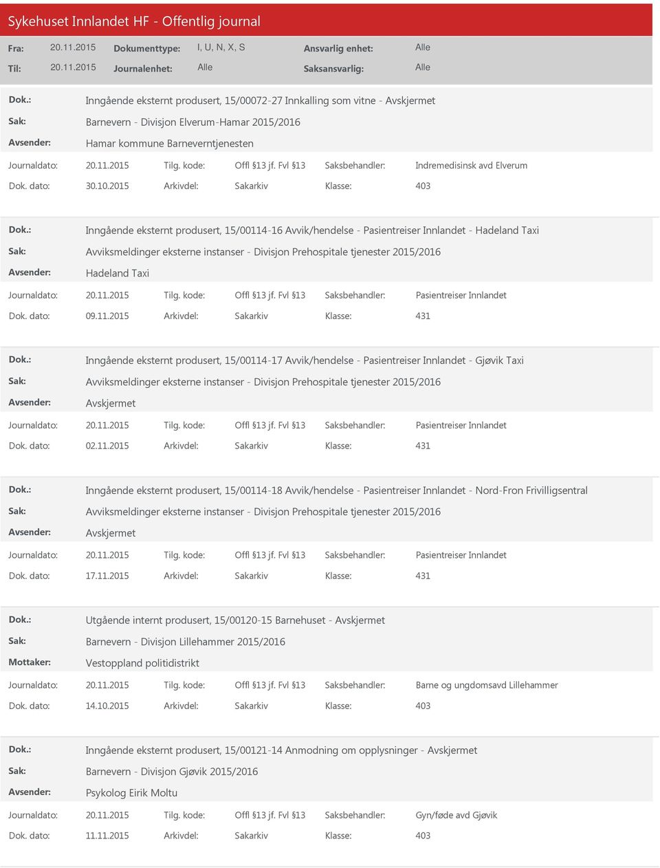 2015/2016 Hadeland Taxi Pasientreiser Innlandet Dok. dato: 09.11.