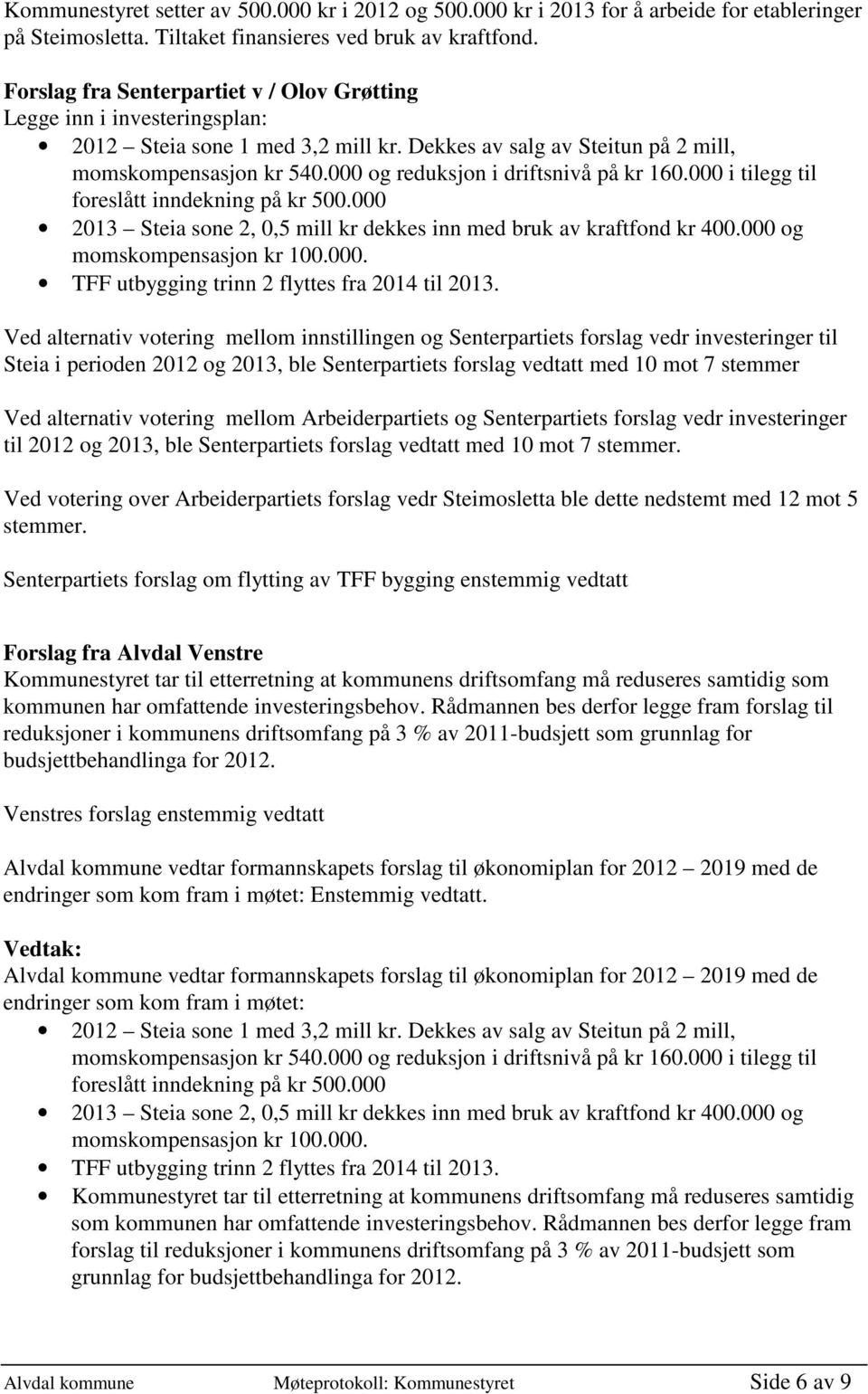 000 og reduksjon i driftsnivå på kr 160.000 i tilegg til foreslått inndekning på kr 500.000 2013 Steia sone 2, 0,5 mill kr dekkes inn med bruk av kraftfond kr 400.000 og momskompensasjon kr 100.000. TFF utbygging trinn 2 flyttes fra 2014 til 2013.