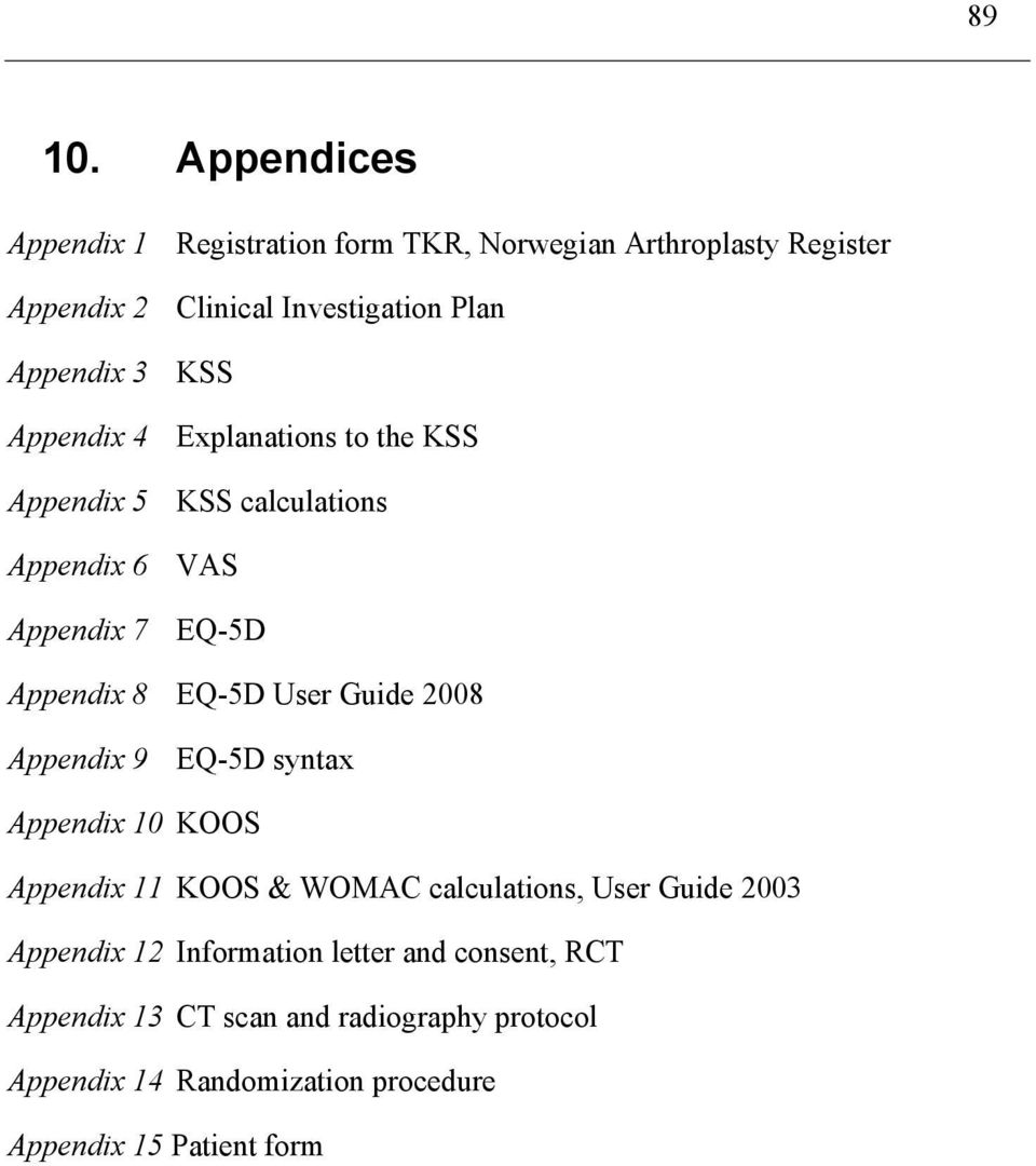 KSS Appendix Explanations to the KSS Appendix 5 KSS calculations Appendix 6 VAS Appendix 7 EQ-5D Appendix 8 EQ-5D User Guide