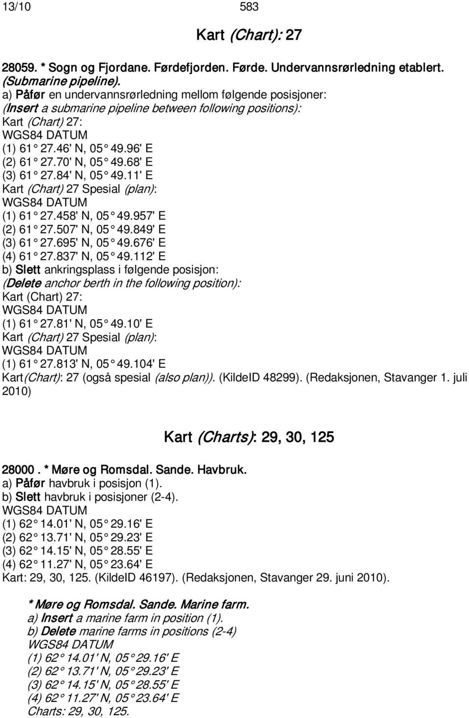 68' E (3) 61 27.84' N, 05 49.11' E Kart (Chart) 27 Spesial (plan): (1) 61 27.458' N, 05 49.957' E (2) 61 27.507' N, 05 49.849' E (3) 61 27.695' N, 05 49.676' E (4) 61 27.837' N, 05 49.