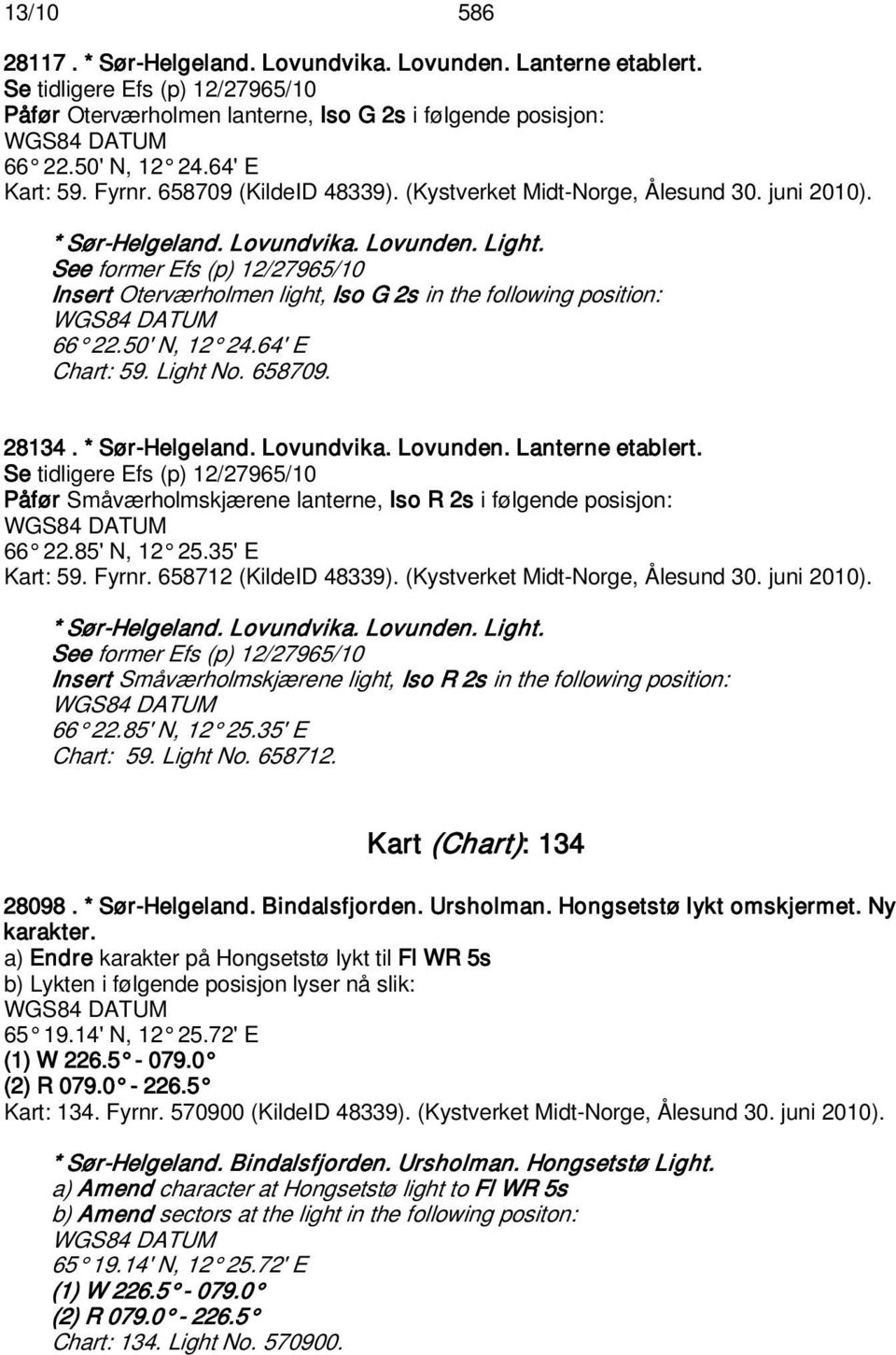 See former Efs (p) 12/27965/10 Insert Oterværholmen light, Iso G 2s in the following position: 66 22.50' N, 12 24.64' E Chart: 59. Light No. 658709. 28134. * Sør-Helgeland. Lovundvika. Lovunden.