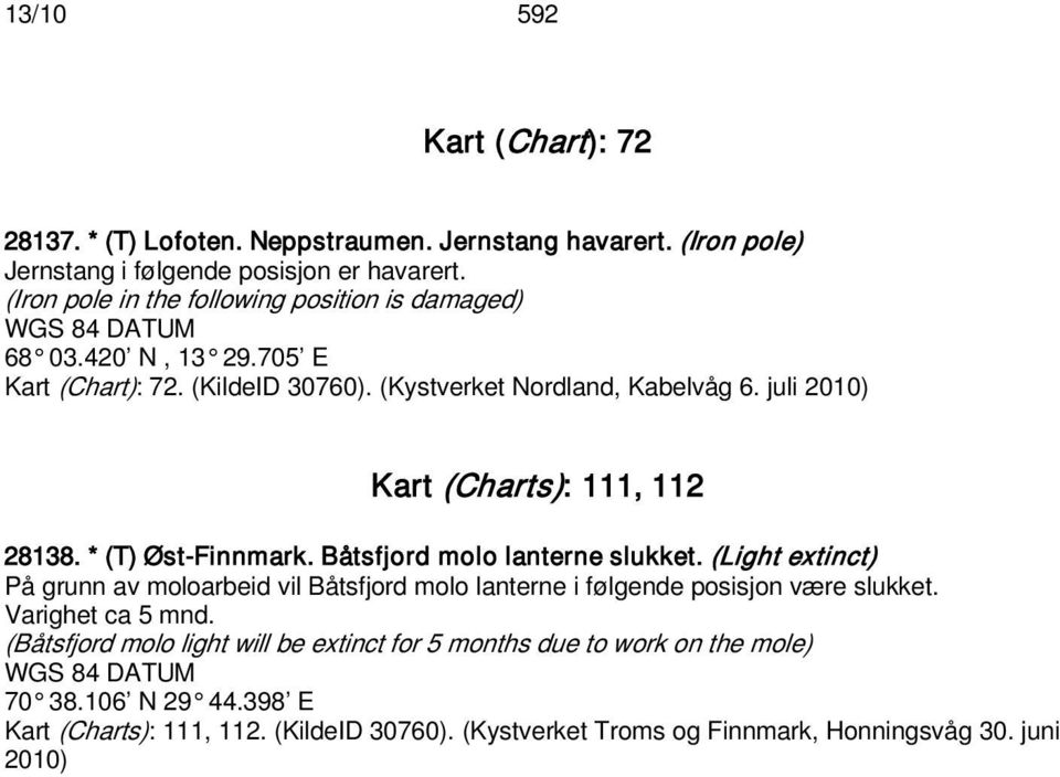 juli 2010) Kart (Charts): 111, 112 28138. * (T) Øst-Finnmark. Båtsfjord molo lanterne slukket.