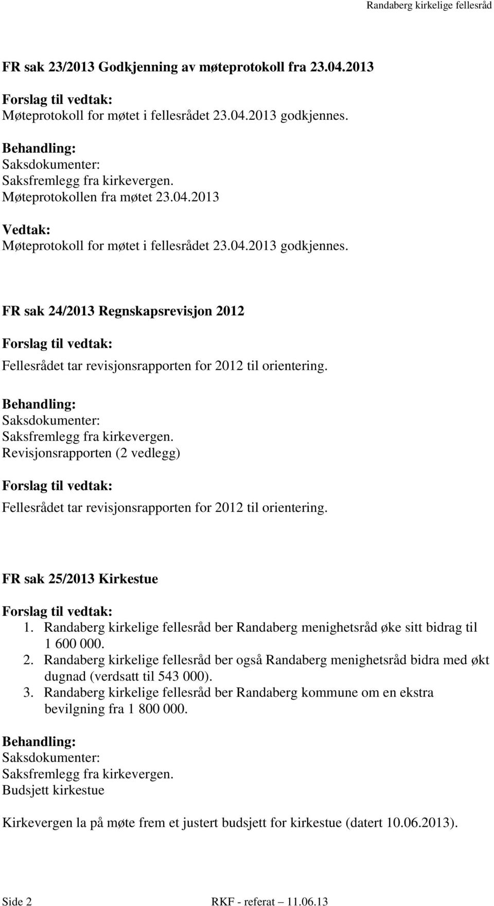 Revisjonsrapporten (2 vedlegg) Fellesrådet tar revisjonsrapporten for 2012 til orientering. FR sak 25/2013 Kirkestue 1.