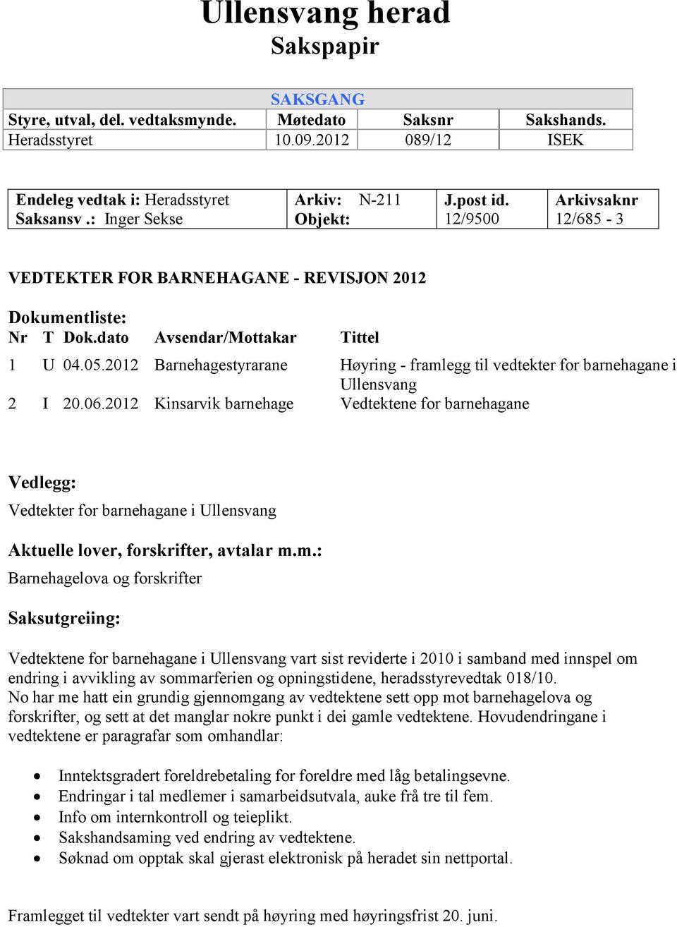 2012 Barnehagestyrarane Høyring - framlegg til vedtekter for barnehagane i Ullensvang 2 I 20.06.