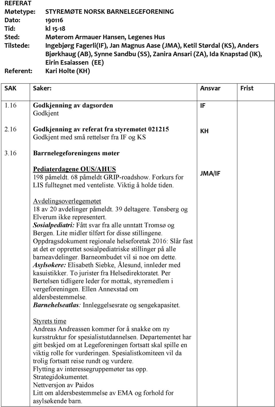 16 Godkjenning av dagsorden Godkjent Godkjenning av referat fra styremøtet 021215 Godkjent med små rettelser fra IF og KS Barrnelegeforeningens møter Pediaterdagene OUS/AHUS 198 påmeldt.