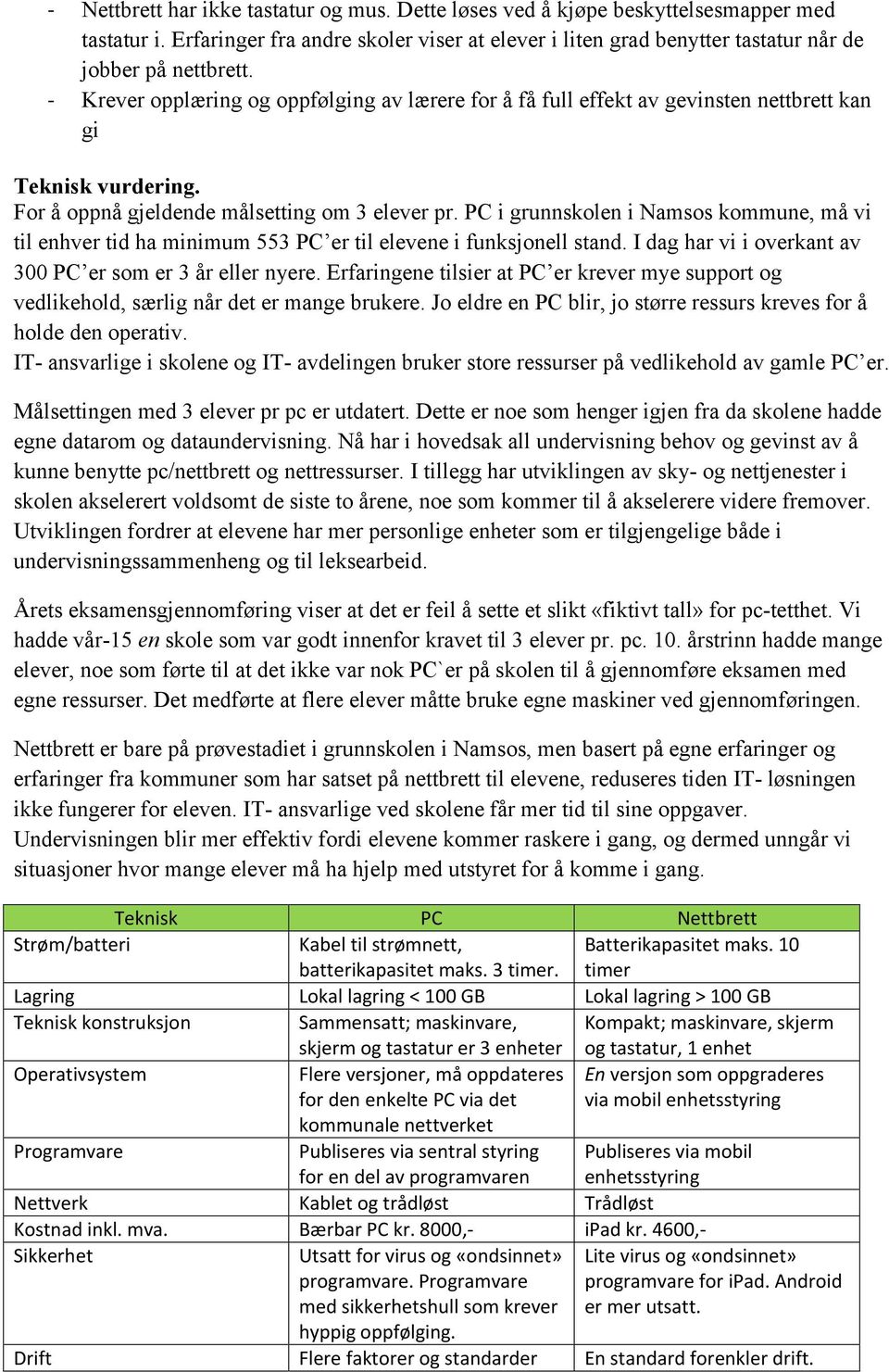 PC i grunnskolen i Namsos kommune, må vi til enhver tid ha minimum 553 PC er til elevene i funksjonell stand. I dag har vi i overkant av 300 PC er som er 3 år eller nyere.