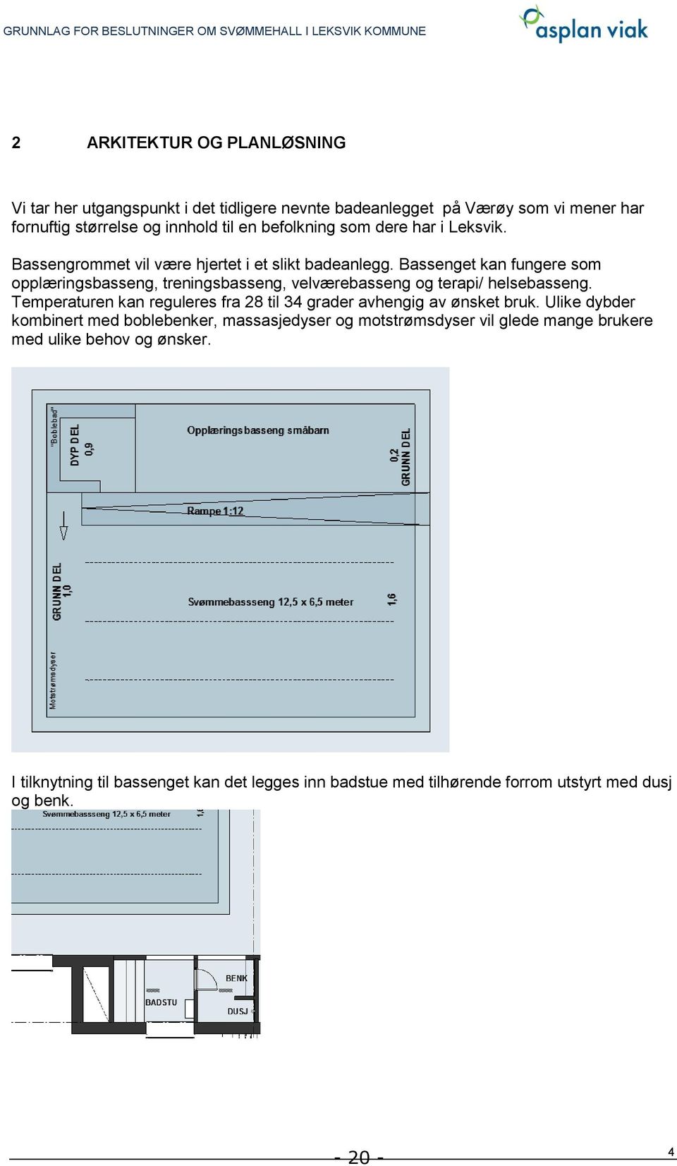 Bassenget kan fungere som opplæringsbasseng, treningsbasseng, velværebasseng og terapi/ helsebasseng.