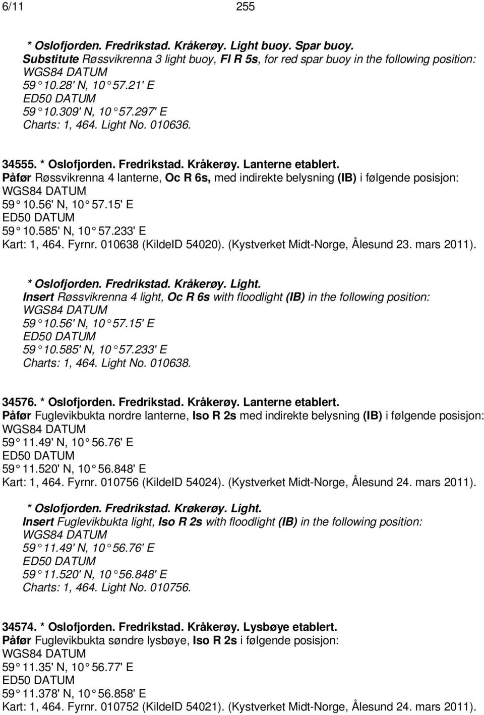 Påfør Røssvikrenna 4 lanterne, Oc R 6s, med indirekte belysning (IB) i følgende posisjon: 59 10.56' N, 10 57.15' E ED50 DATUM 59 10.585' N, 10 57.233' E Kart: 1, 464. Fyrnr. 010638 (KildeID 54020).