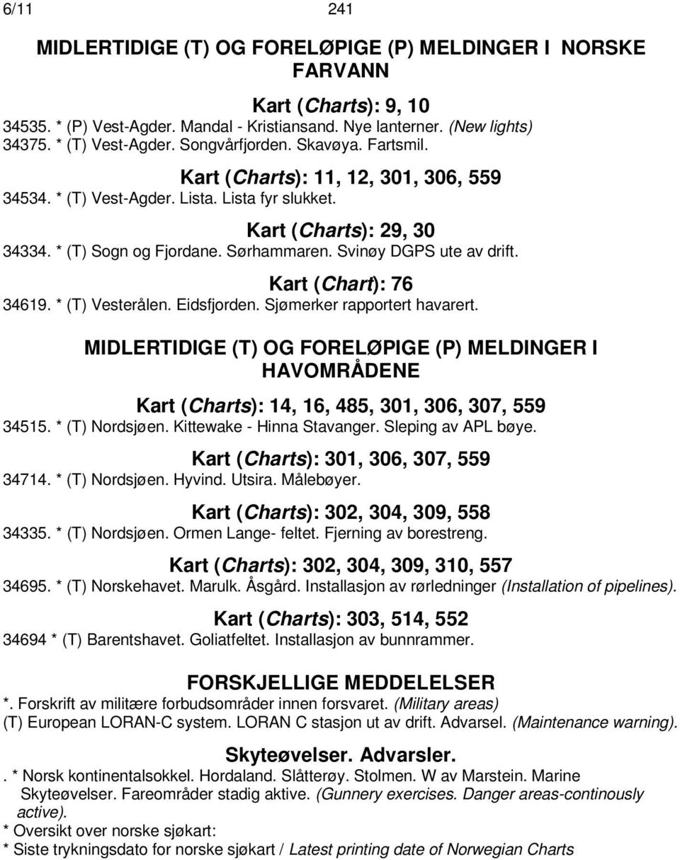 Svinøy DGPS ute av drift. Kart (Chart): 76 34619. * (T) Vesterålen. Eidsfjorden. Sjømerker rapportert havarert.