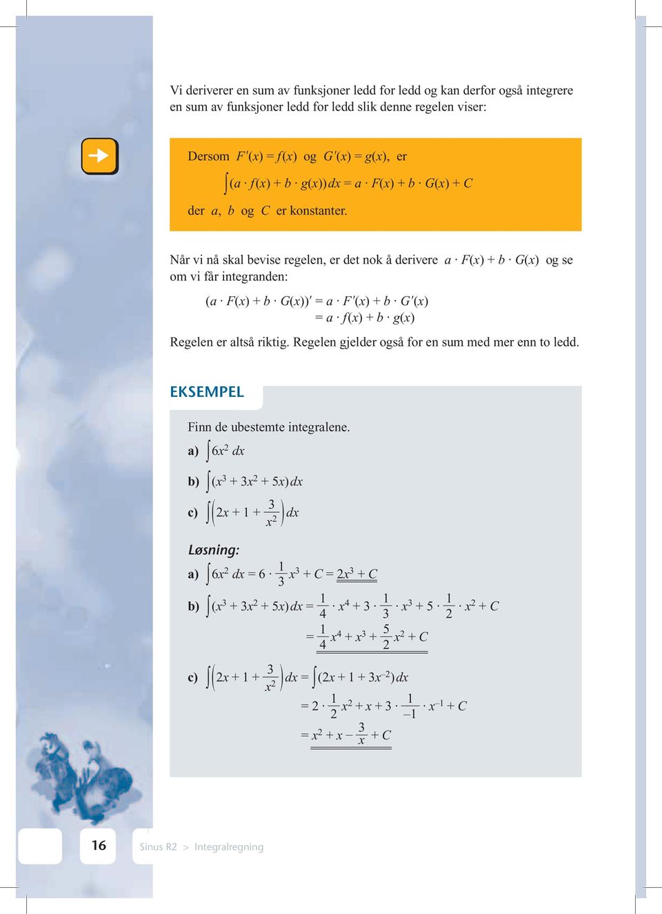 Når vi nå skl evise regelen, er det nok å derivere F() + G() og se om vi får integrnden: ( F() + G())ʹ = Fʹ() + Gʹ() = f() + g() Regelen er ltså riktig.