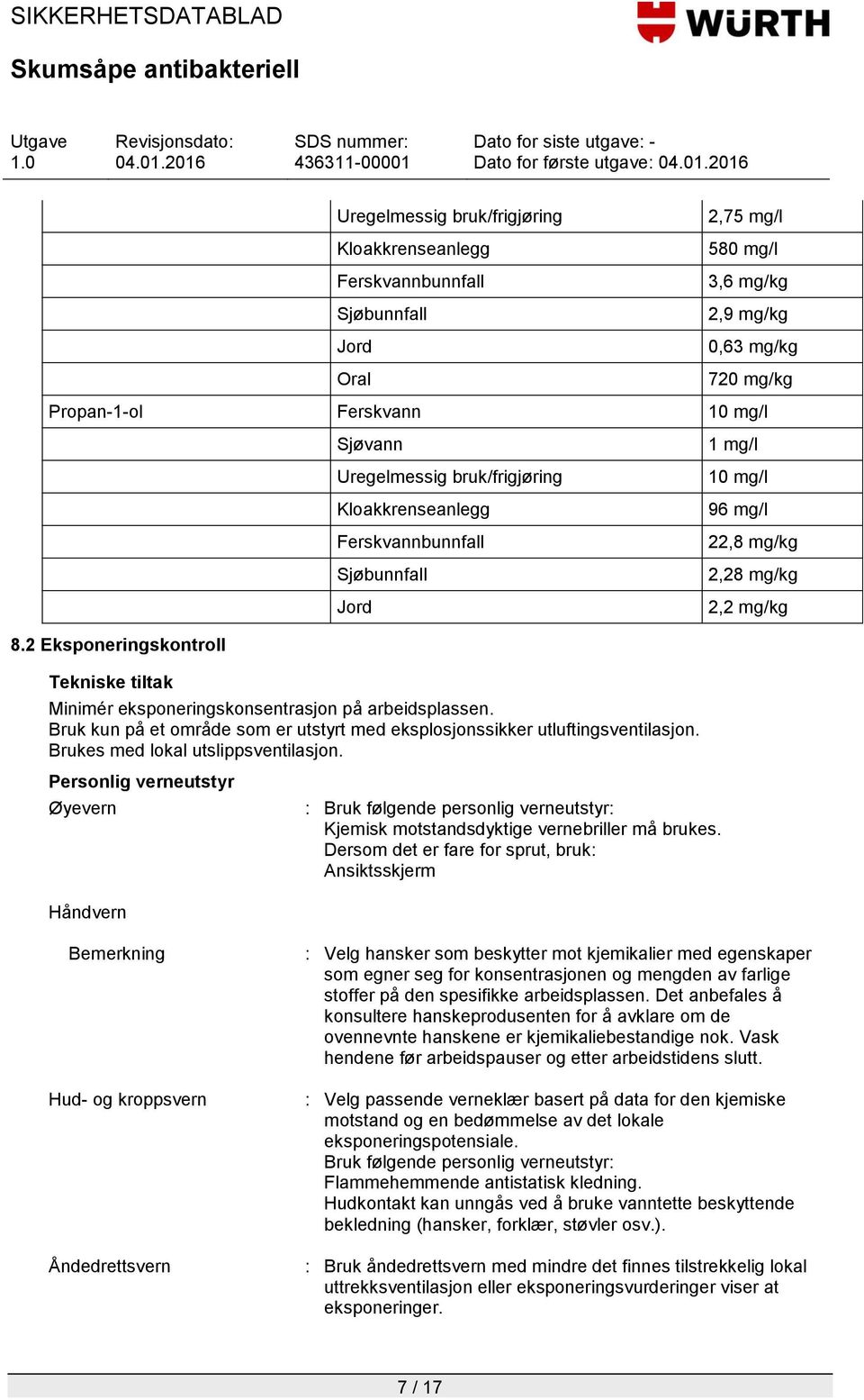 2 Eksponeringskontroll Tekniske tiltak Minimér eksponeringskonsentrasjon på arbeidsplassen. Bruk kun på et område som er utstyrt med eksplosjonssikker utluftingsventilasjon.