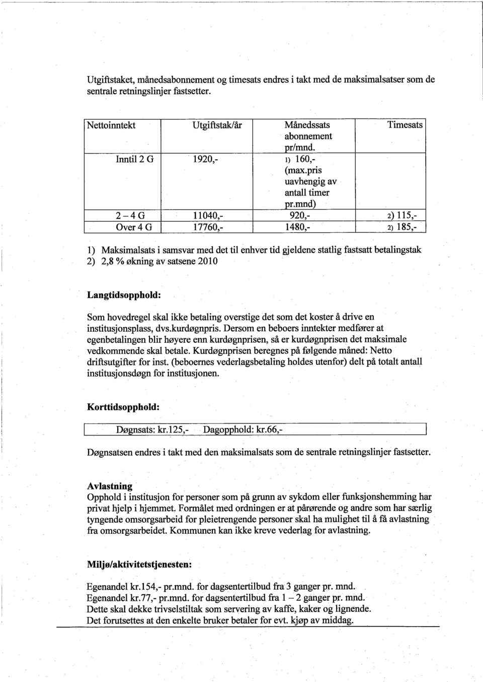 det til enhver tid gjeldene statlìg fastsatt betalingstak 2) 2,8 % økning avsatsene 2010 Langtidsopphold: Som hovedregel skal ikke betaling overstige det som det koster å drive en institusjonsplass,