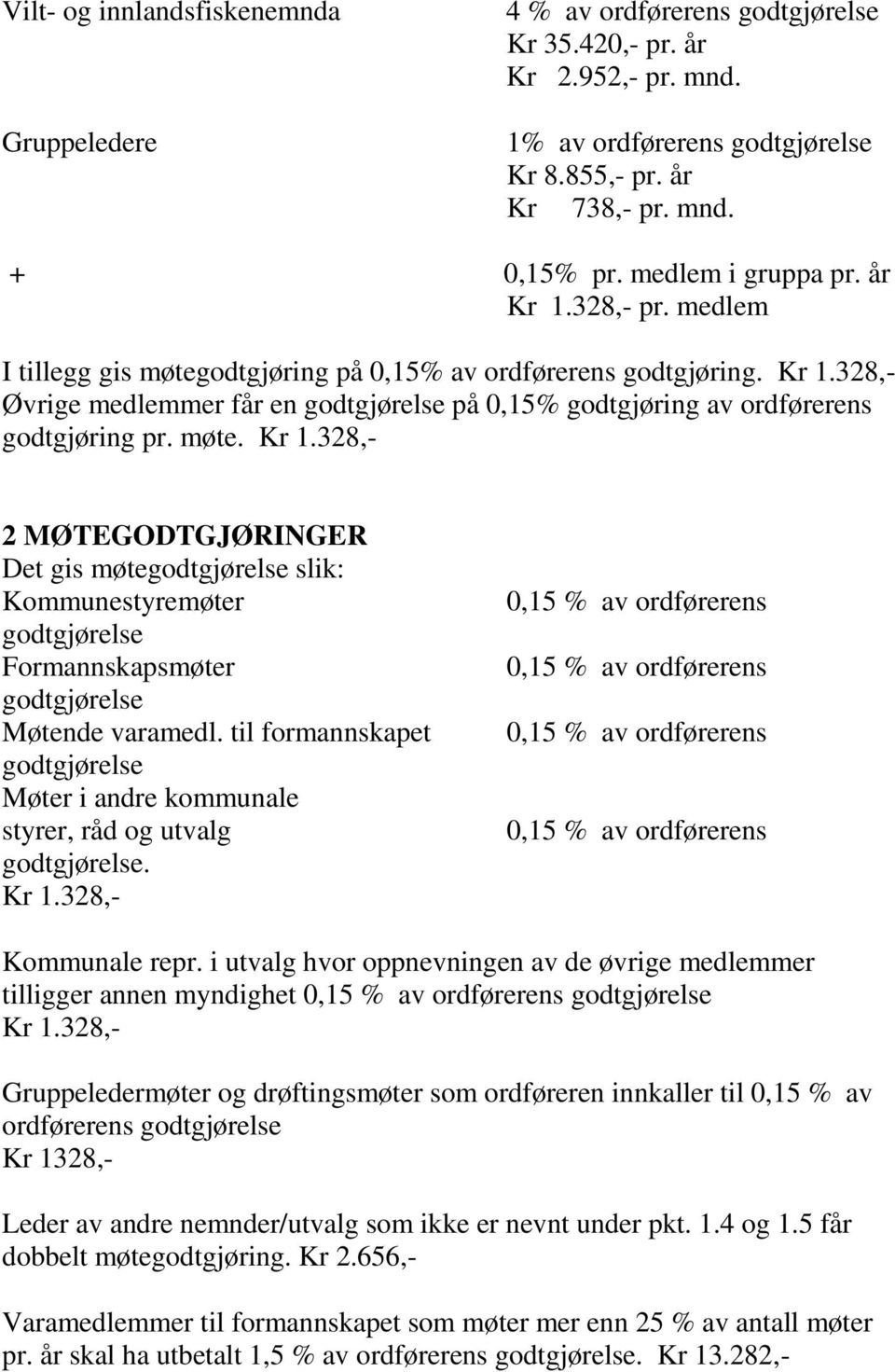 møte. Kr 1.328,- 2 MØTEGODTGJØRINGER Det gis møtegodtgjørelse slik: Kommunestyremøter godtgjørelse Formannskapsmøter godtgjørelse Møtende varamedl.